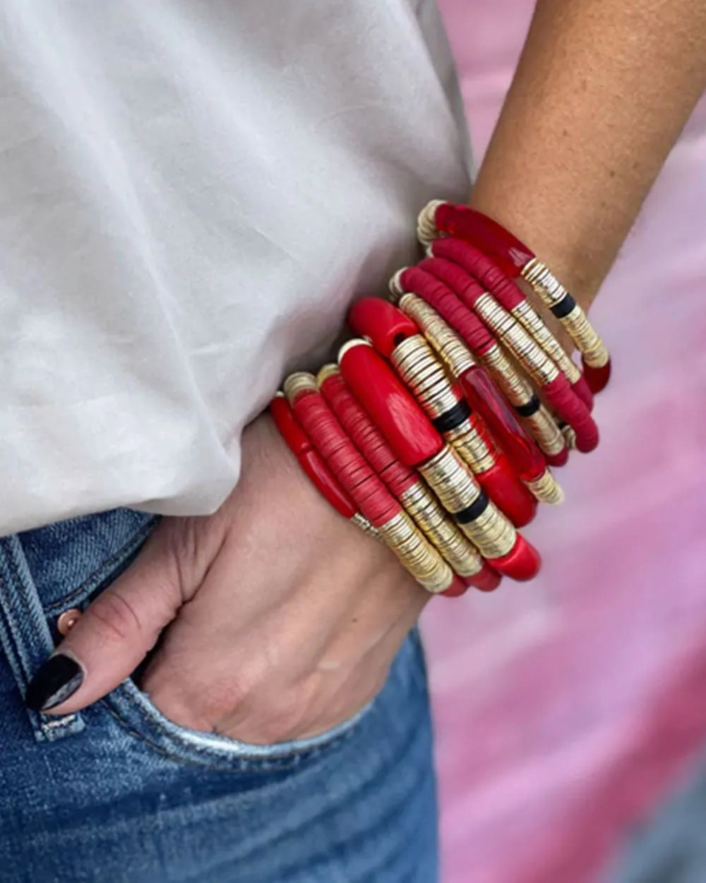 14k Gold and Red Vinyl Stretch Bracelet