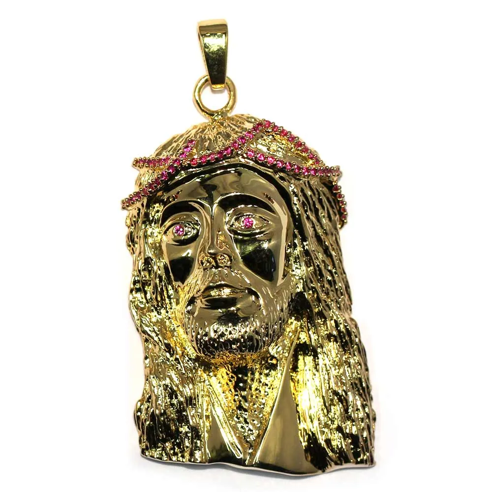 18k Gold Plated XL Jesus Pendant with Red CZ Crown 2.25 inches
