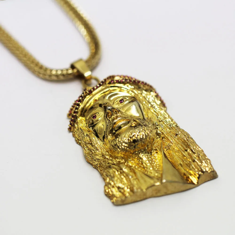 18k Gold Plated XL Jesus Pendant with Red CZ Crown 2.25 inches