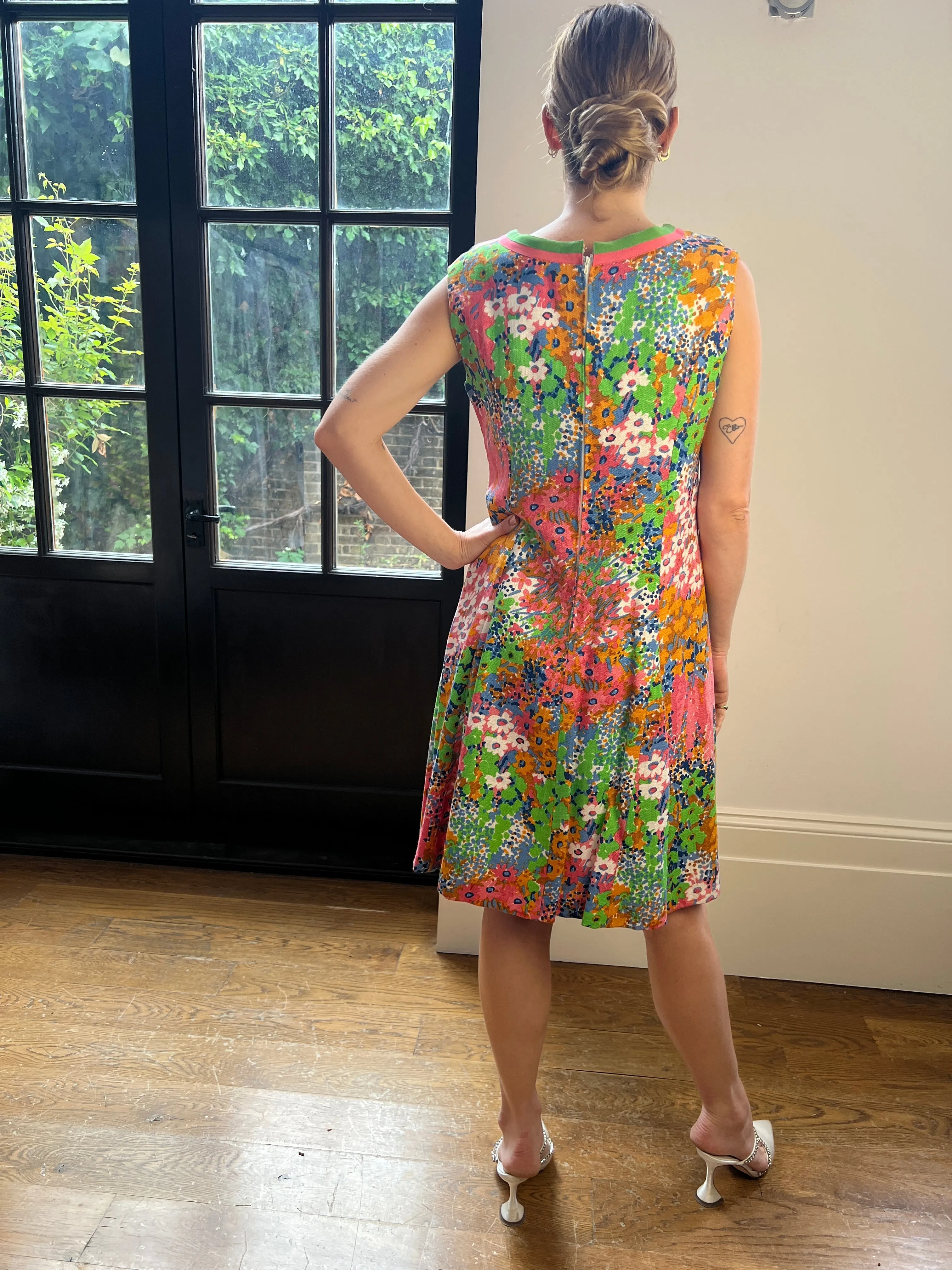 1960s Floral Print Linen Dress With Grossgrain Trim