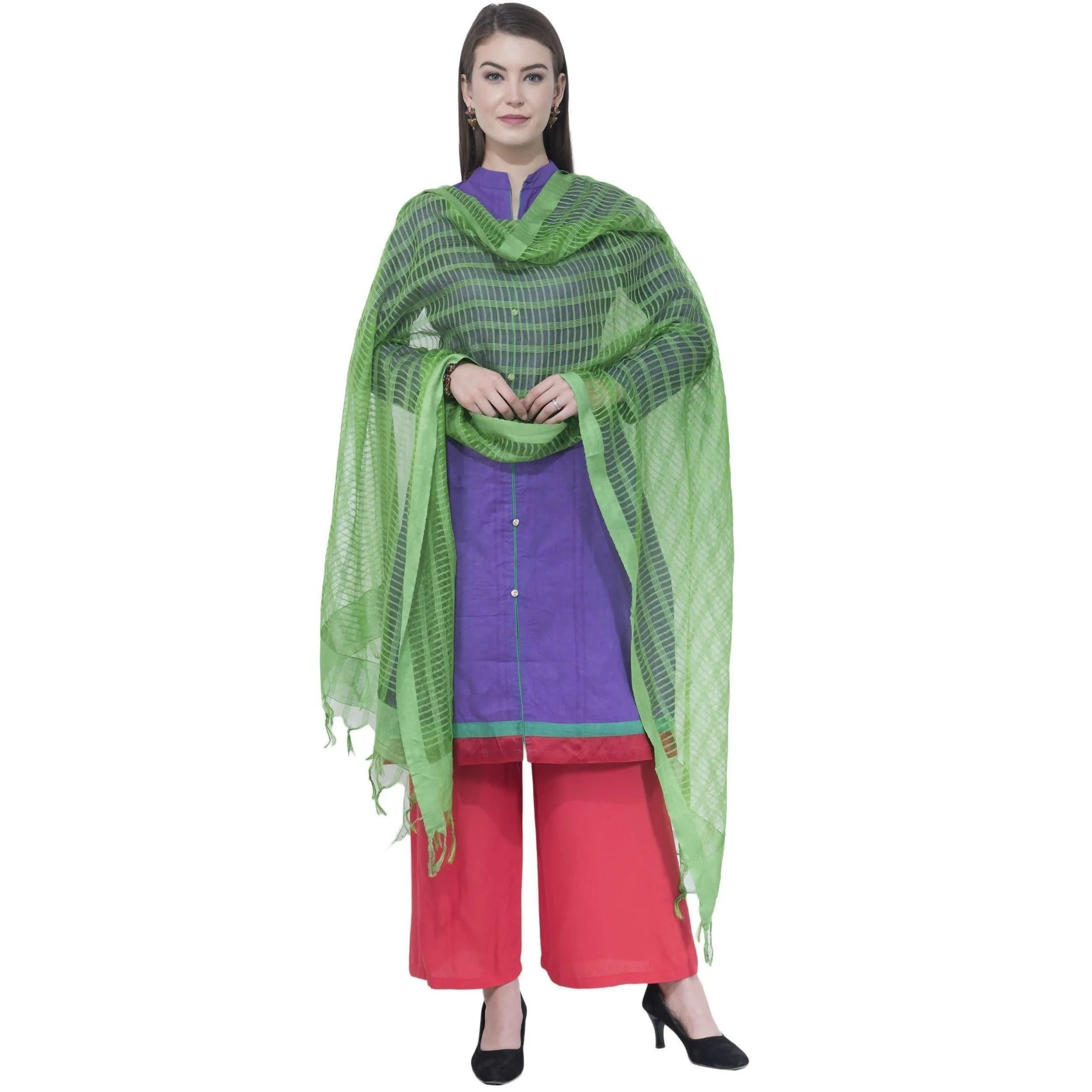 A R Silk Women's Self Check Cota Cotton Parrot Green Dupattas and Chunnis