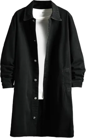 Akklian Mens Long Denim Trench Coat Classic Lapel Button Down Cardigan Long Sleeve Casual Jean Jacket 2024 Fashion Overcoat