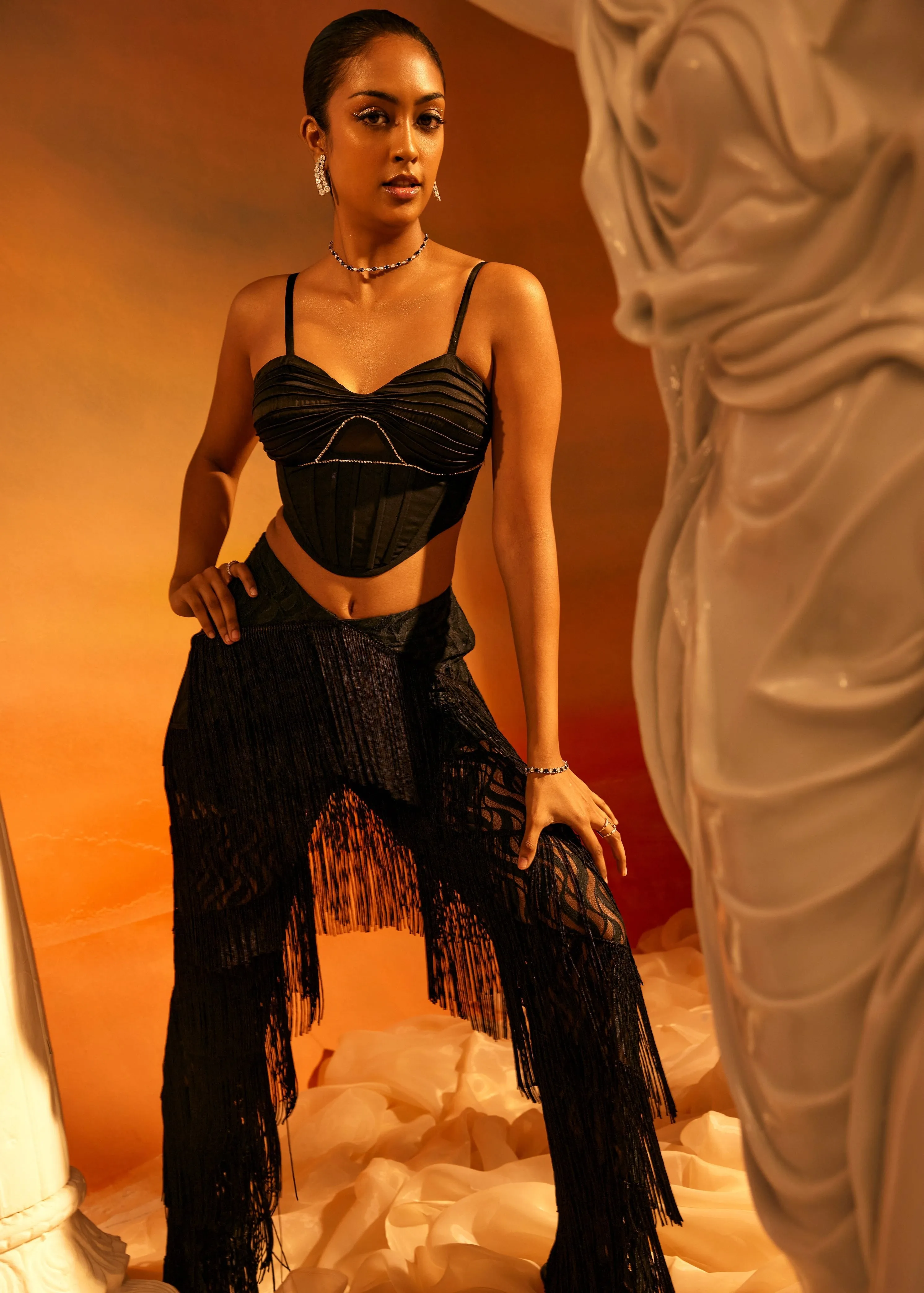 Annika Black Fringe Pants   Satin Corset Set