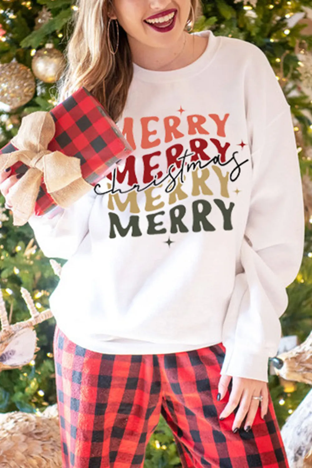 Beige Christmas Text Print Pullover Sweatshirt