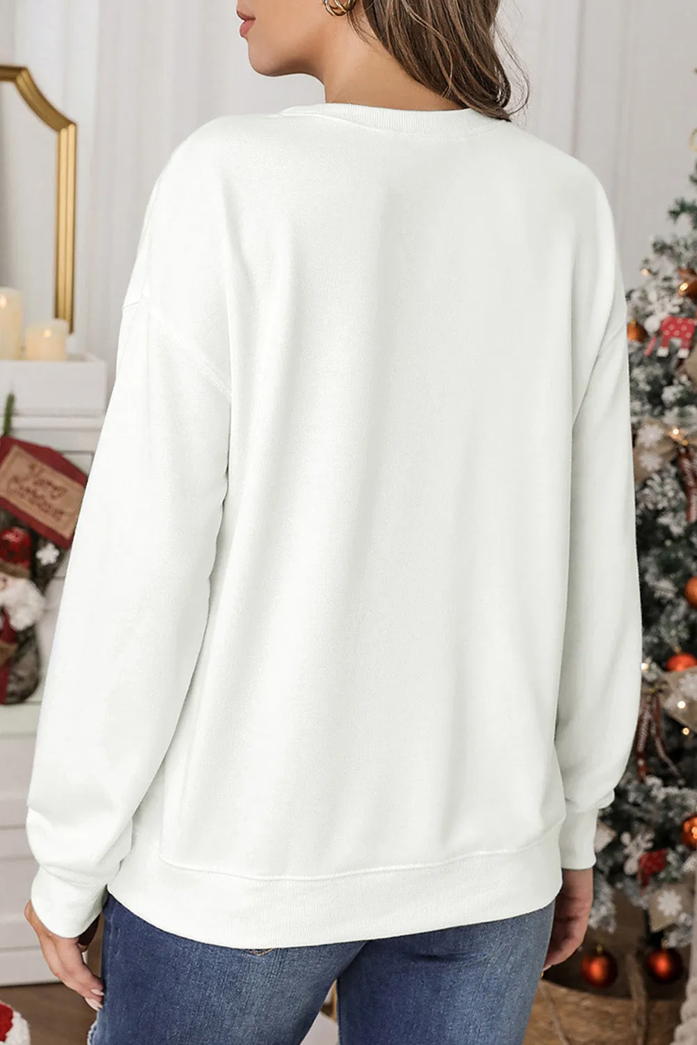 Beige Christmas Text Print Pullover Sweatshirt