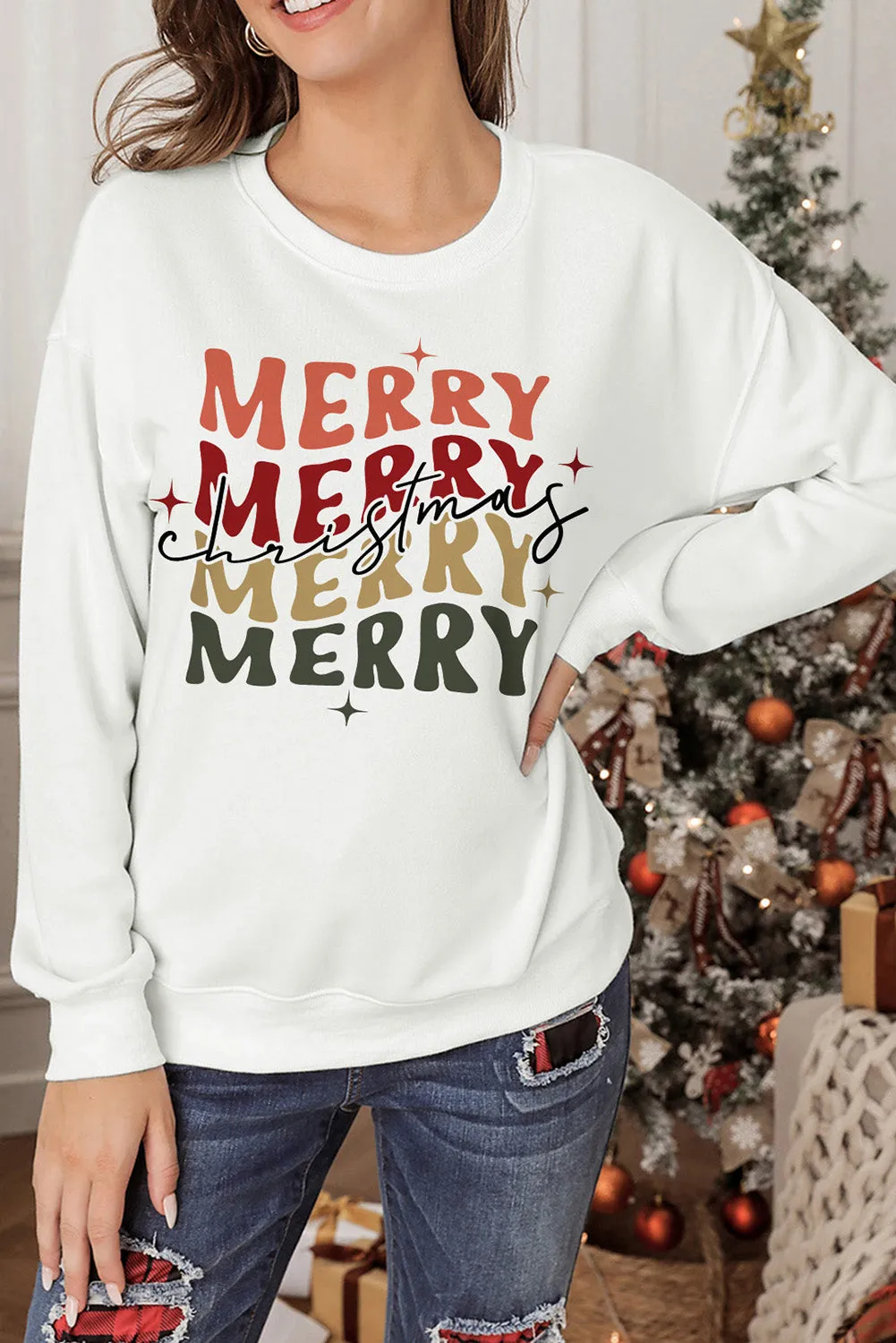 Beige Christmas Text Print Pullover Sweatshirt