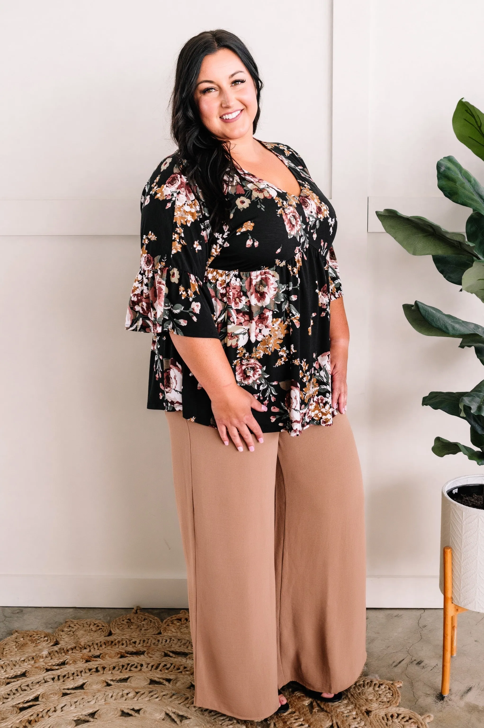 Bell Sleeve Babydoll Blouse In Black Garden Rose