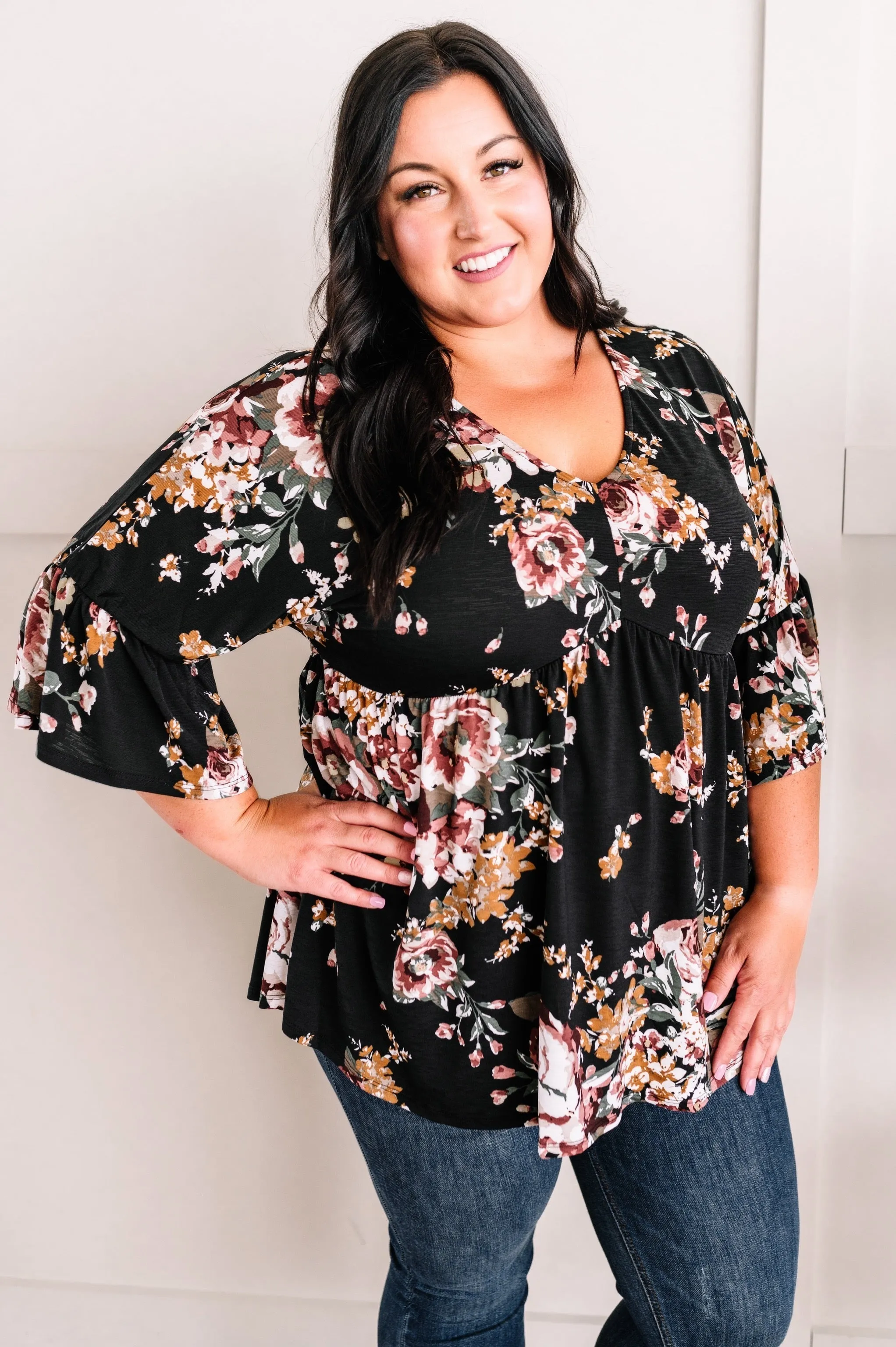 Bell Sleeve Babydoll Blouse In Black Garden Rose