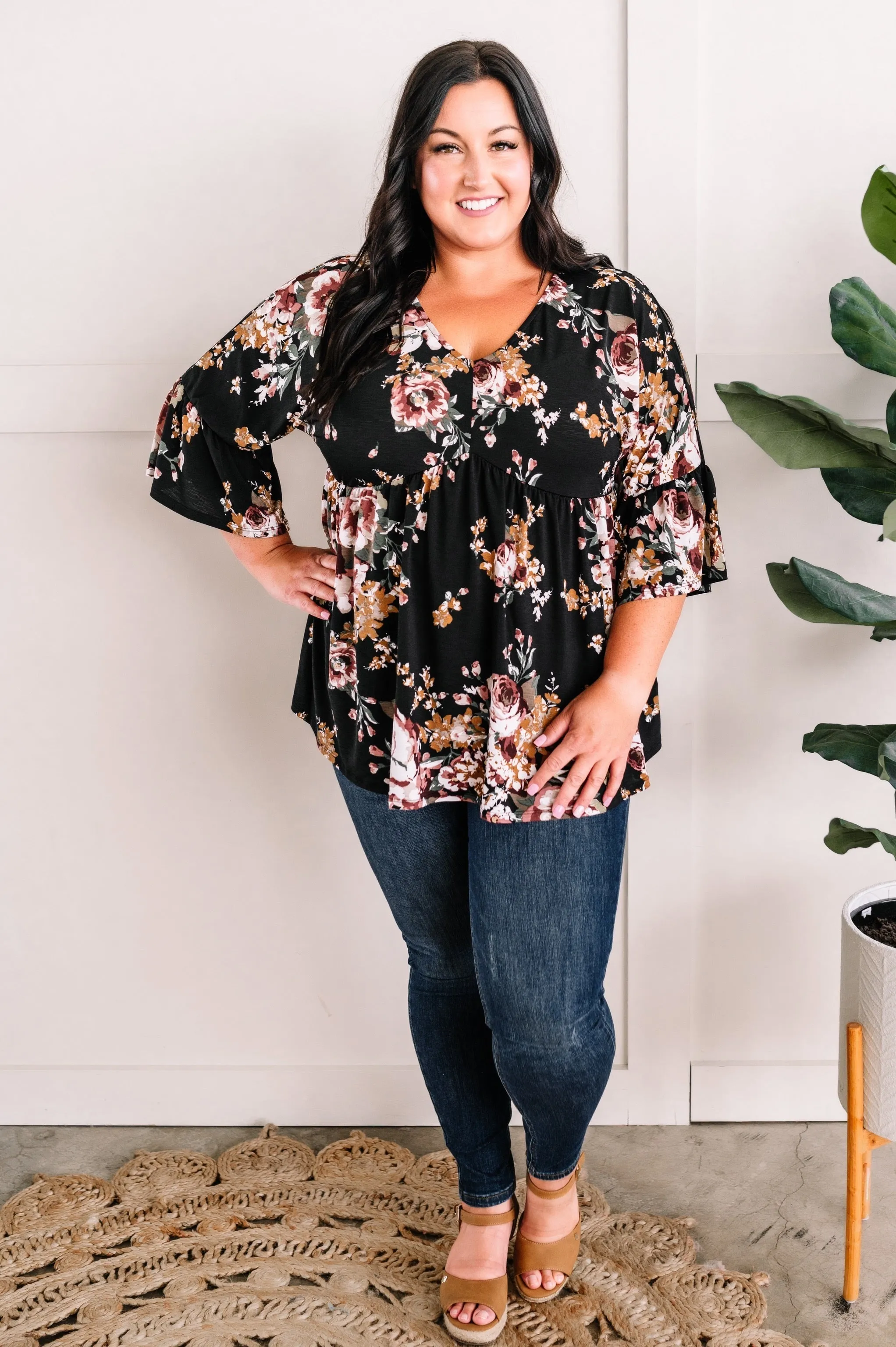 Bell Sleeve Babydoll Blouse In Black Garden Rose