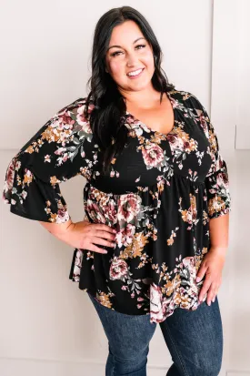 Bell Sleeve Babydoll Blouse In Black Garden Rose