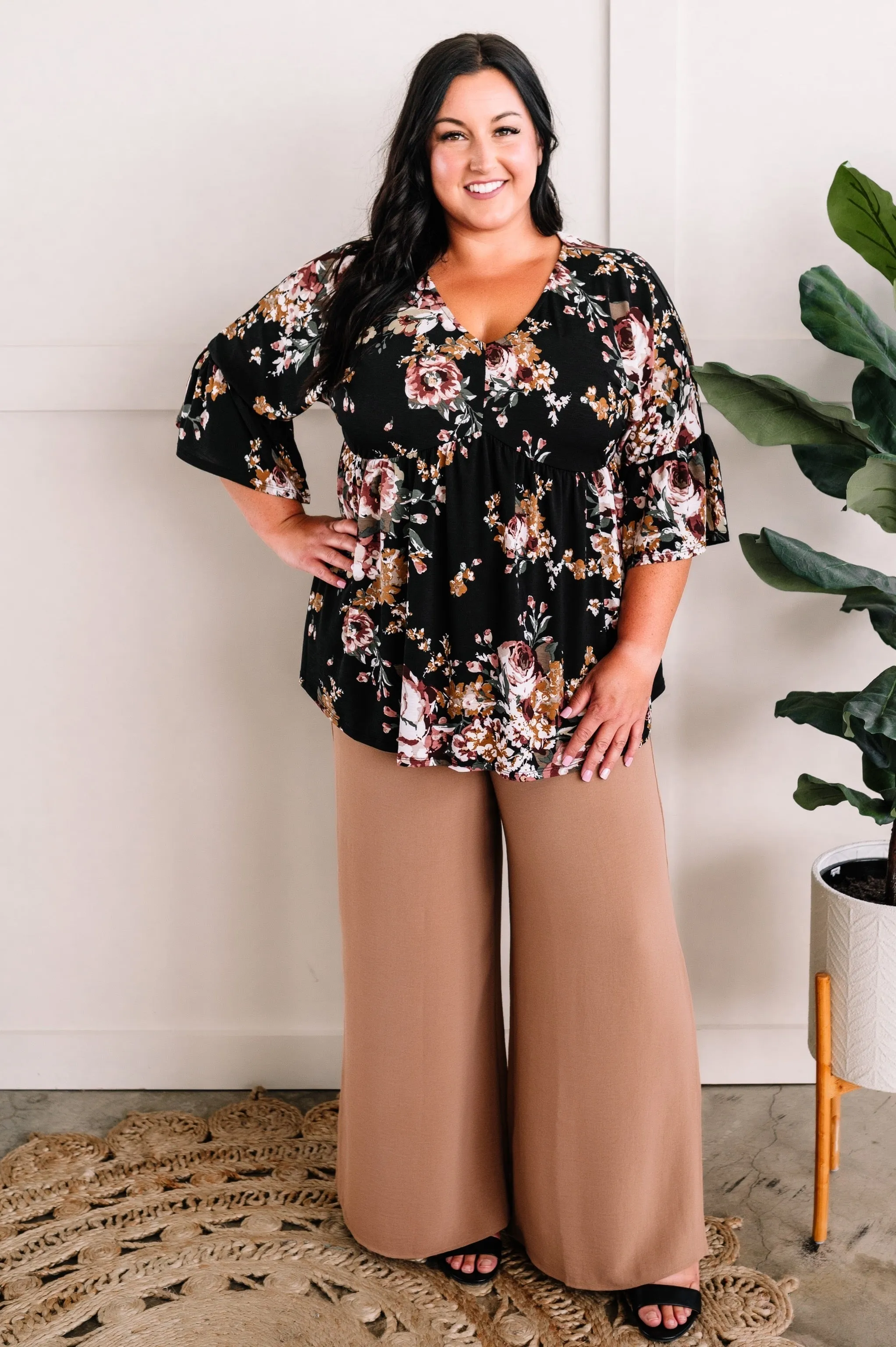 Bell Sleeve Babydoll Blouse In Black Garden Rose