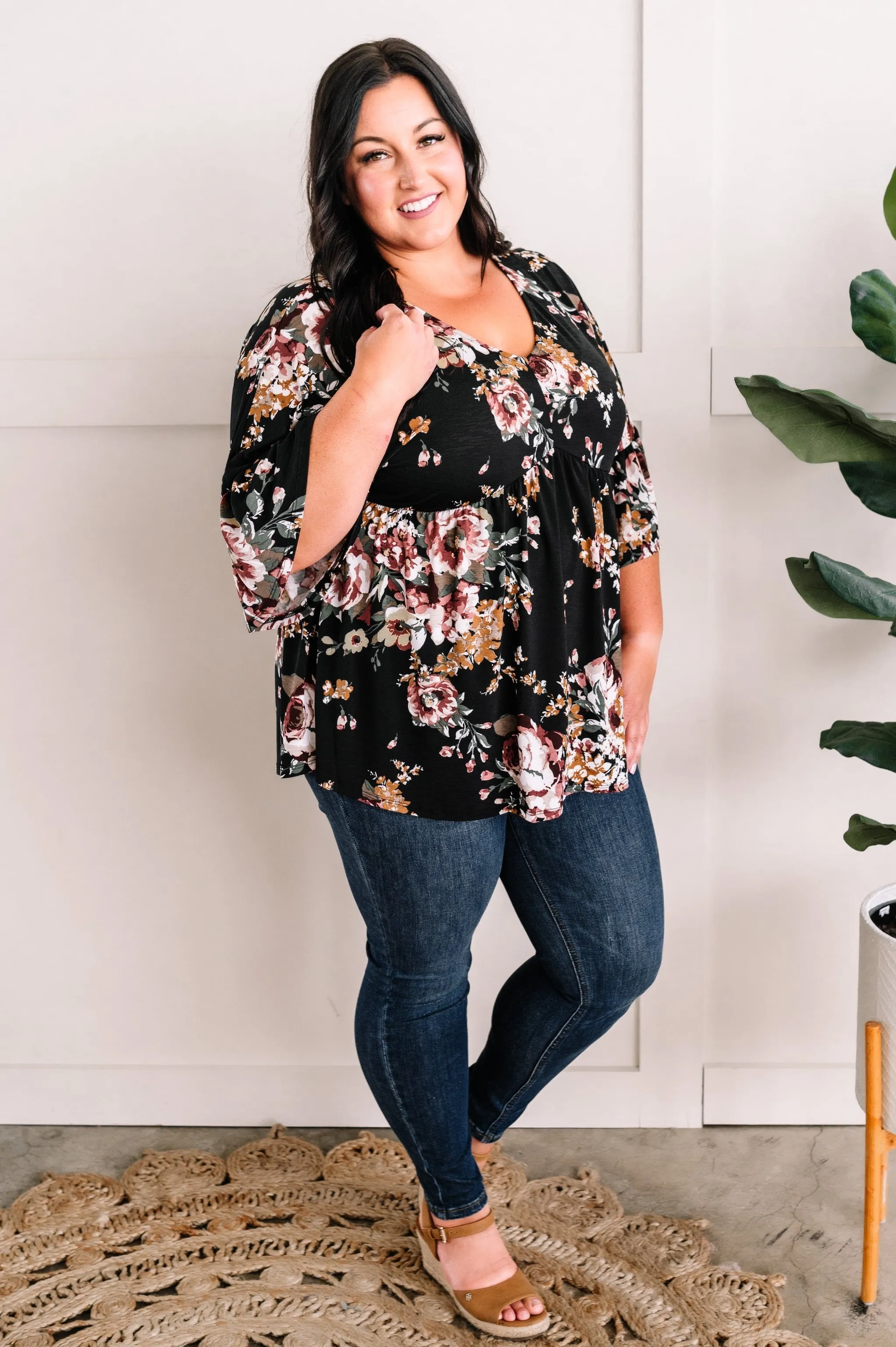 Bell Sleeve Babydoll Blouse In Black Garden Rose