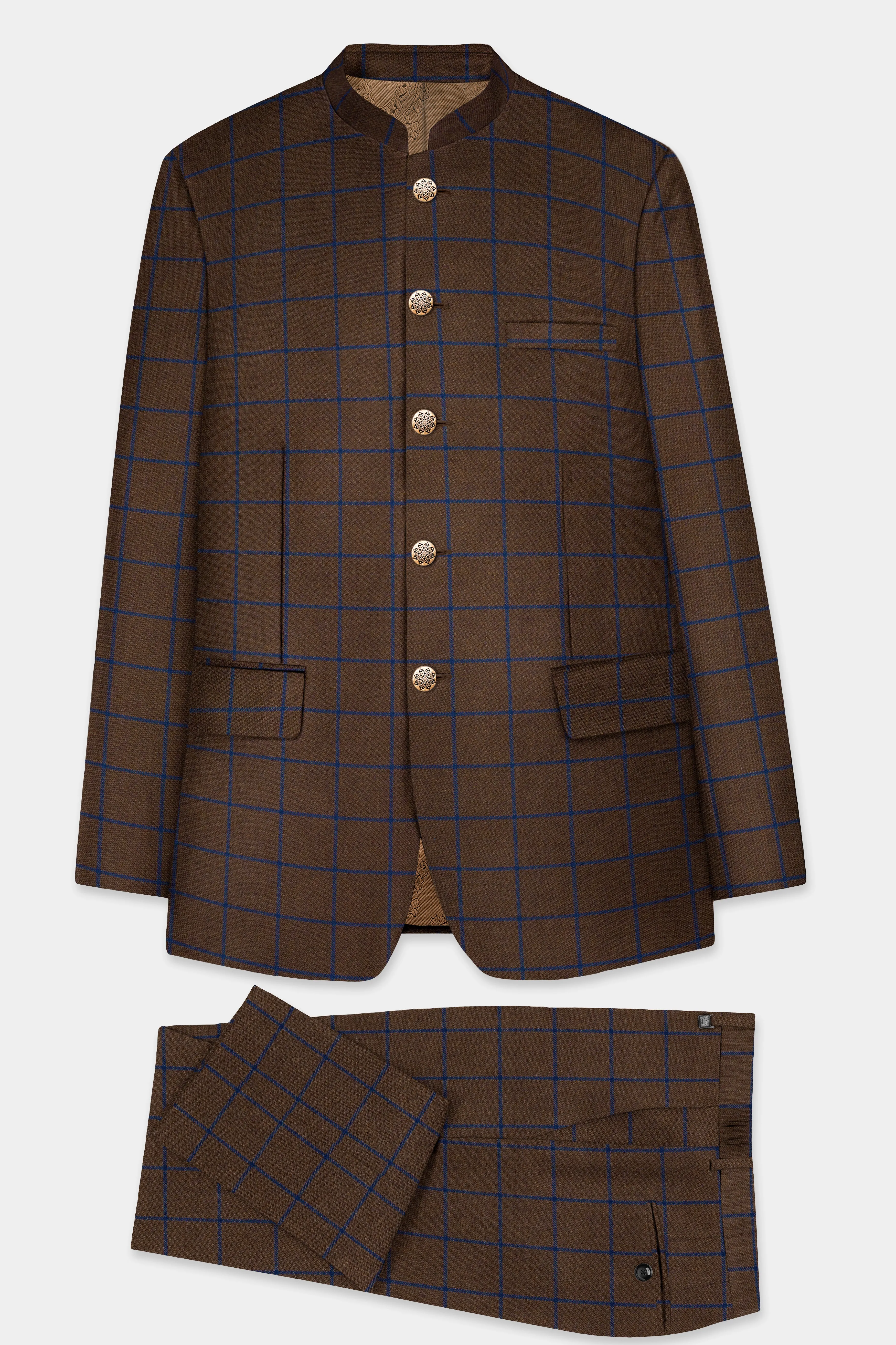 Bistre Brown with Catalina Blue Windowpane Bandhgala Tweed Suit