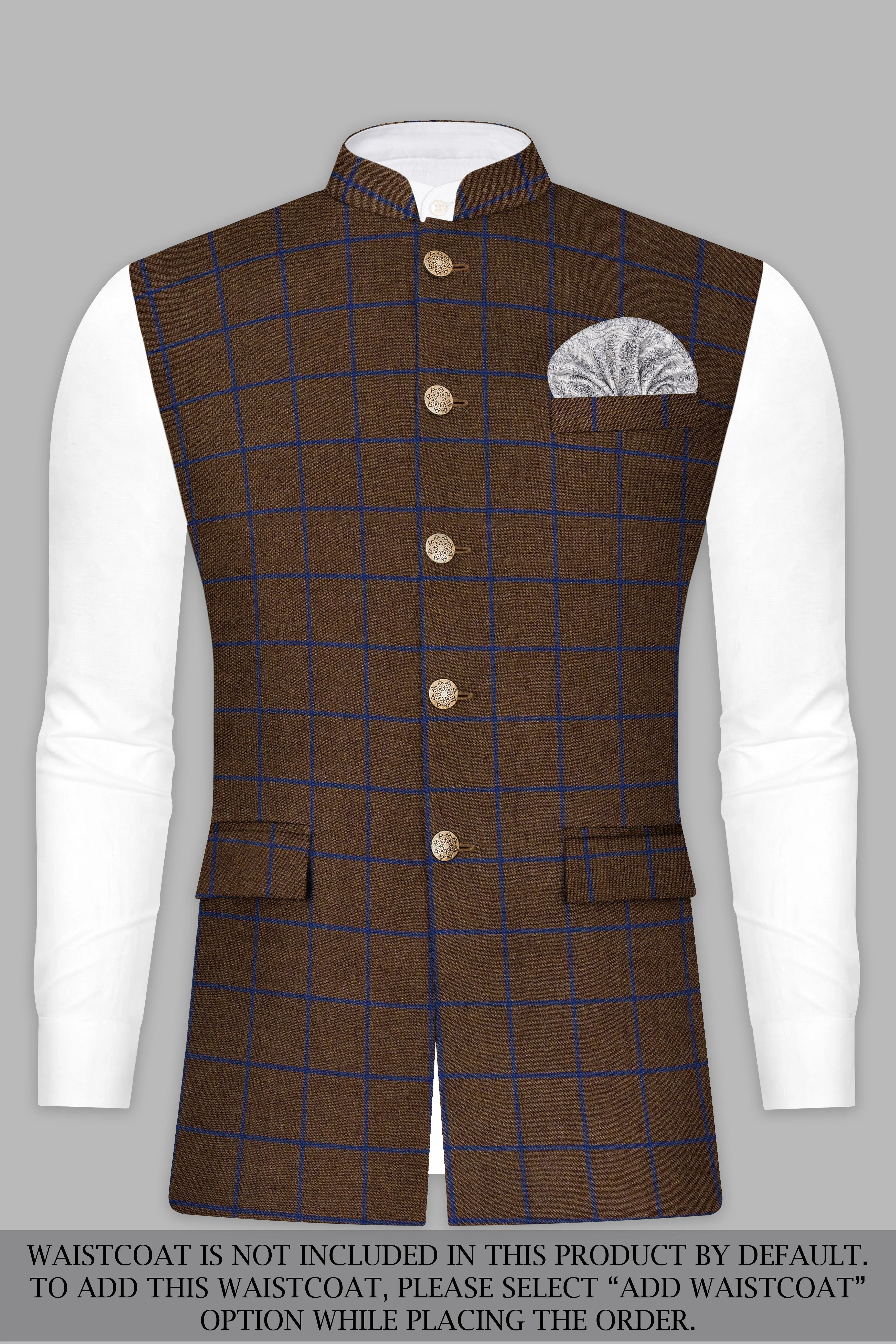 Bistre Brown with Catalina Blue Windowpane Bandhgala Tweed Suit