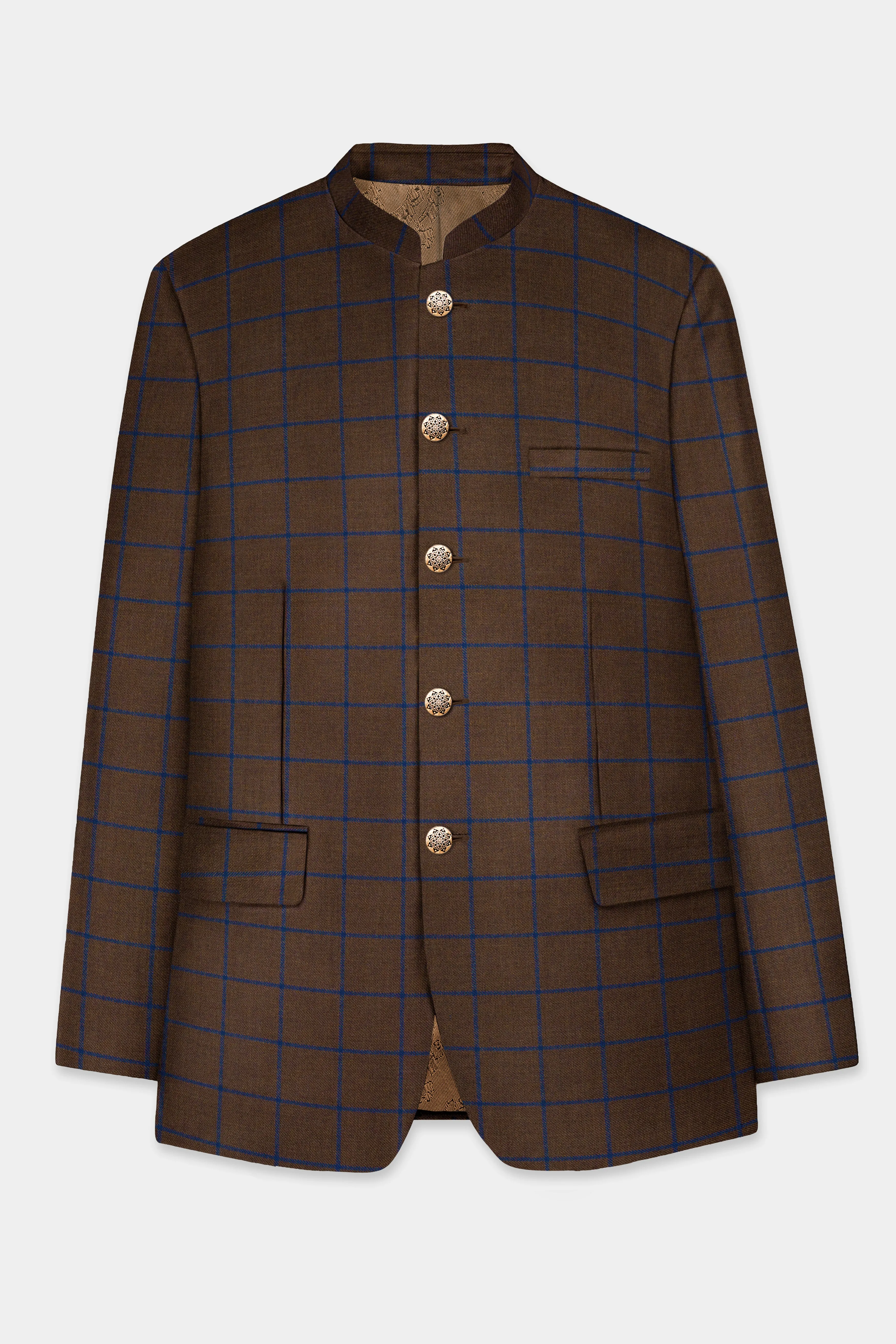 Bistre Brown with Catalina Blue Windowpane Bandhgala Tweed Suit