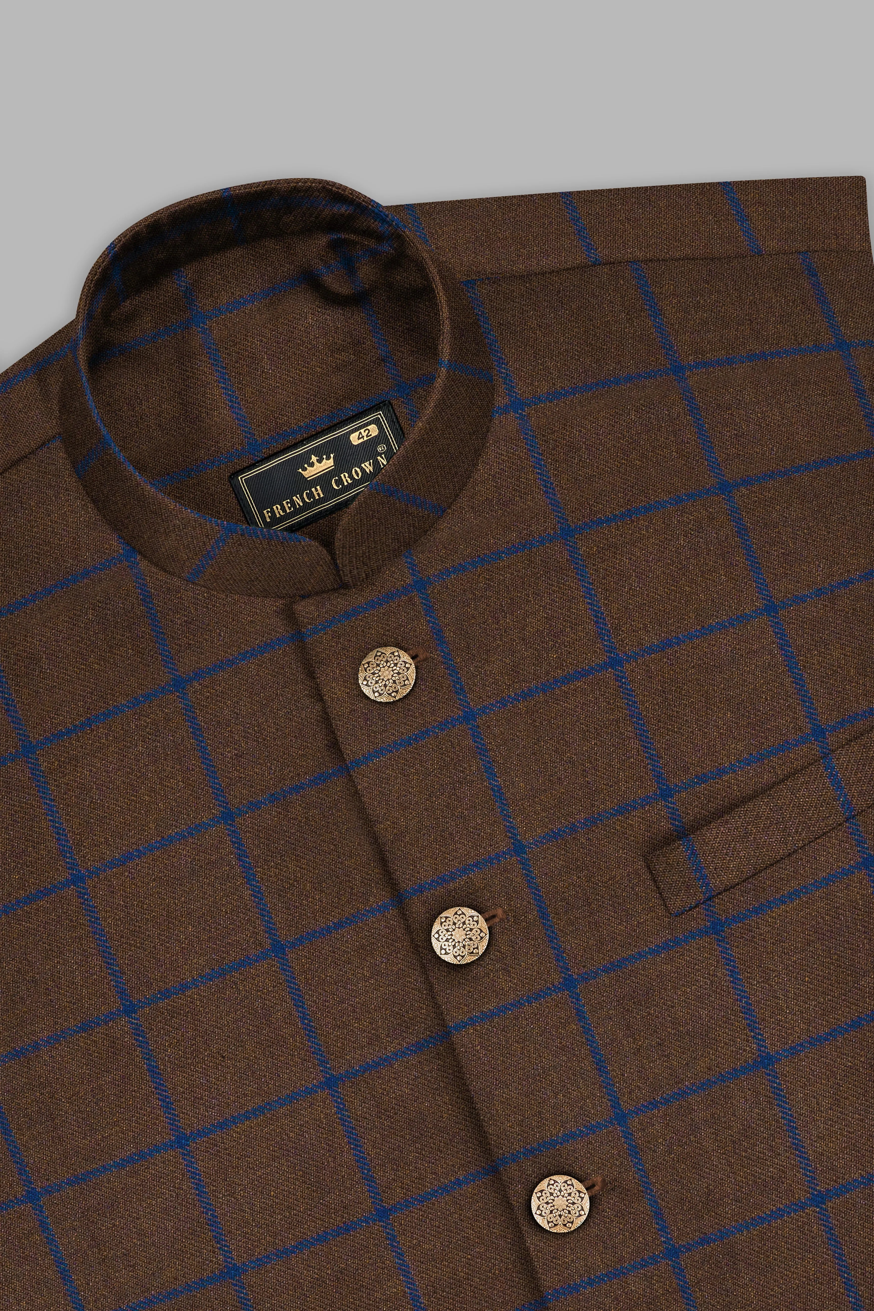 Bistre Brown with Catalina Blue Windowpane Bandhgala Tweed Suit