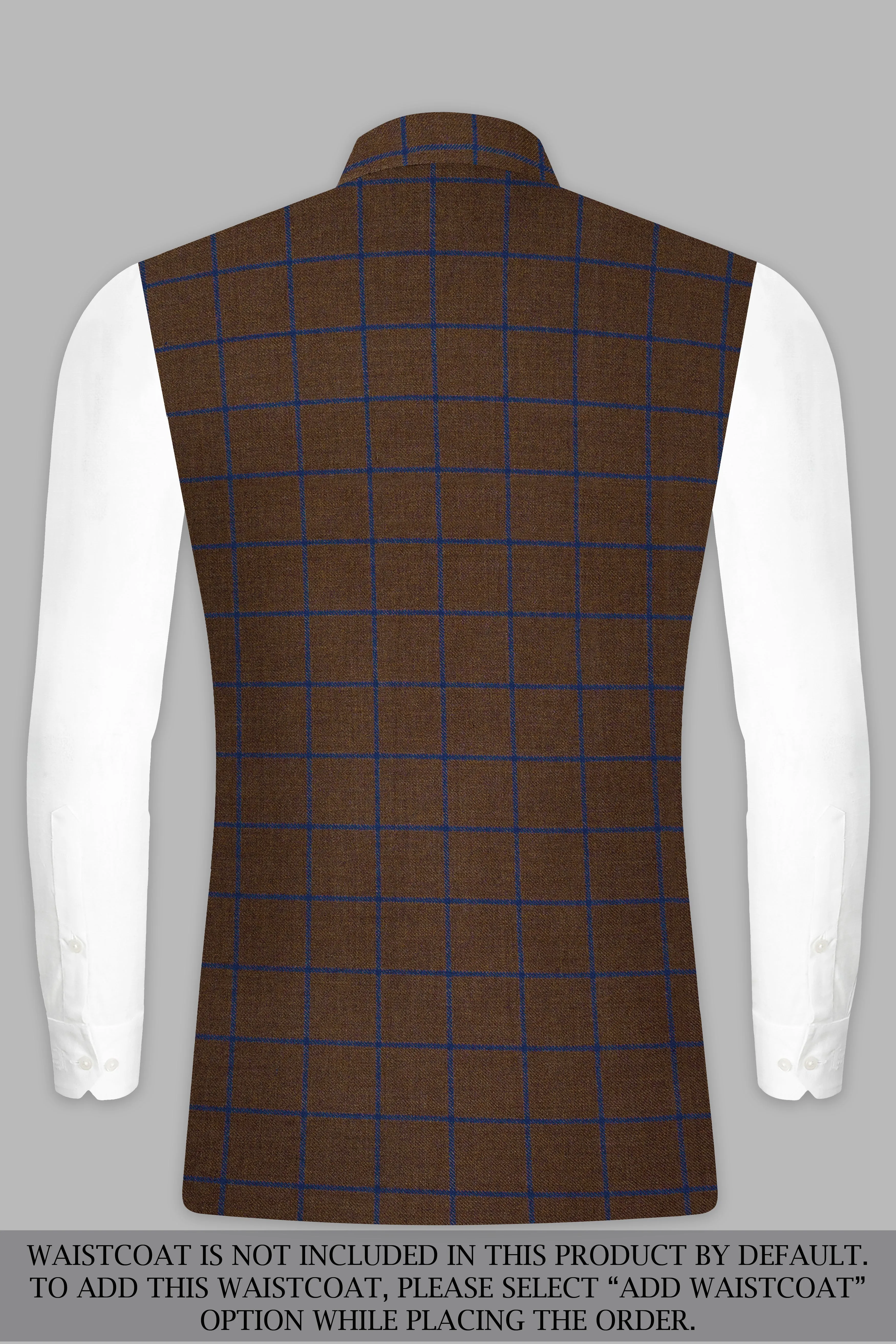 Bistre Brown with Catalina Blue Windowpane Bandhgala Tweed Suit