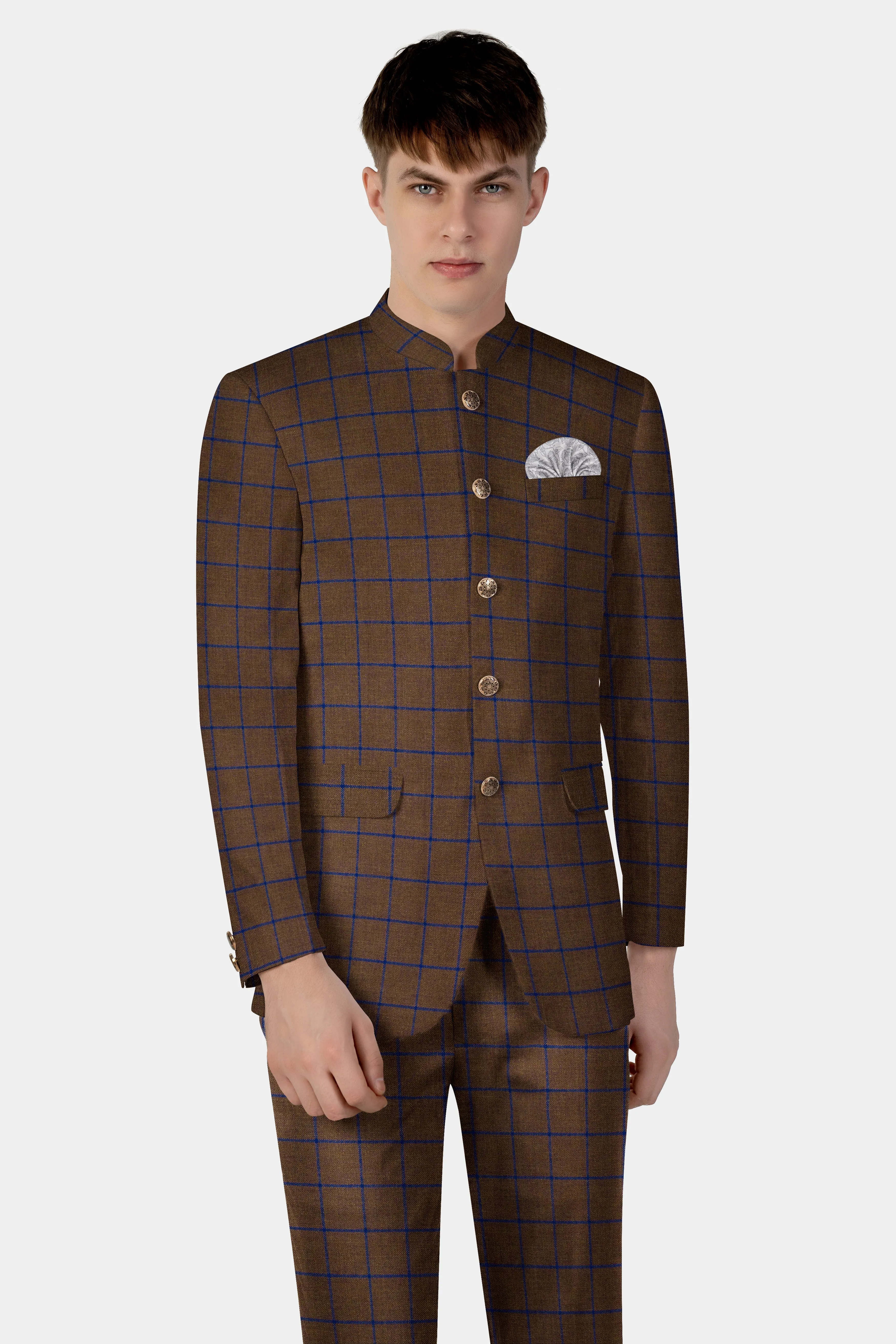 Bistre Brown with Catalina Blue Windowpane Bandhgala Tweed Suit