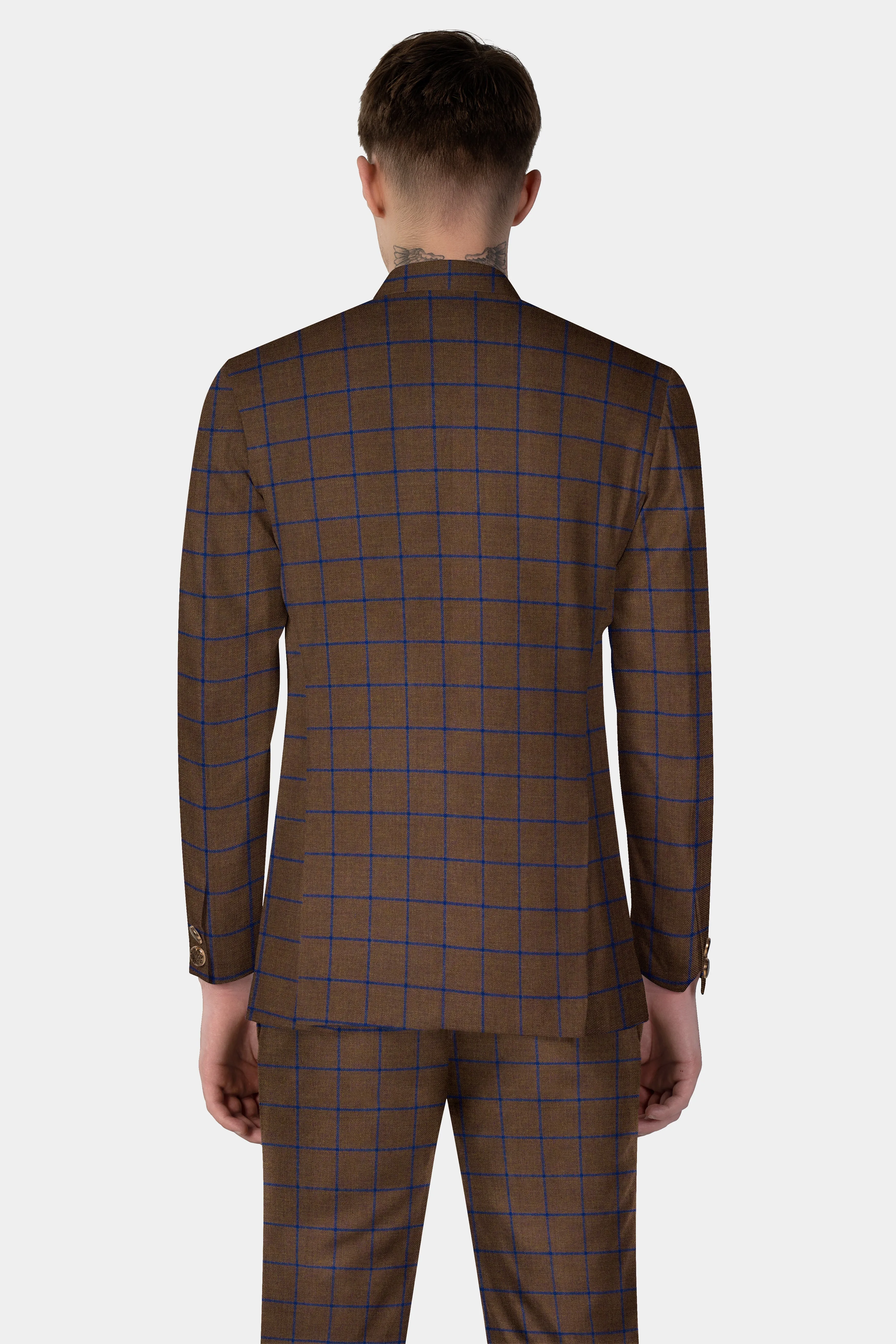 Bistre Brown with Catalina Blue Windowpane Bandhgala Tweed Suit