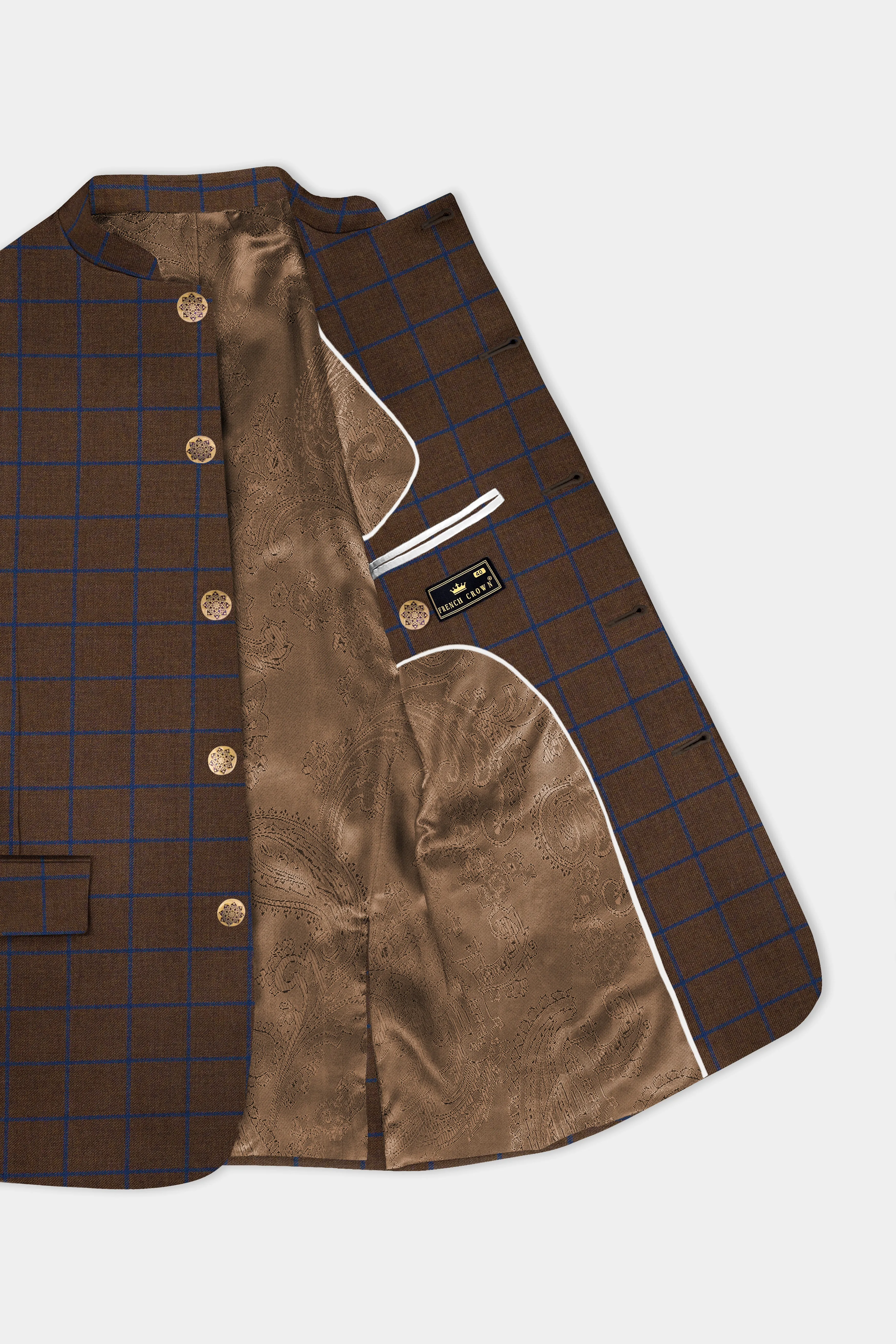 Bistre Brown with Catalina Blue Windowpane Bandhgala Tweed Suit