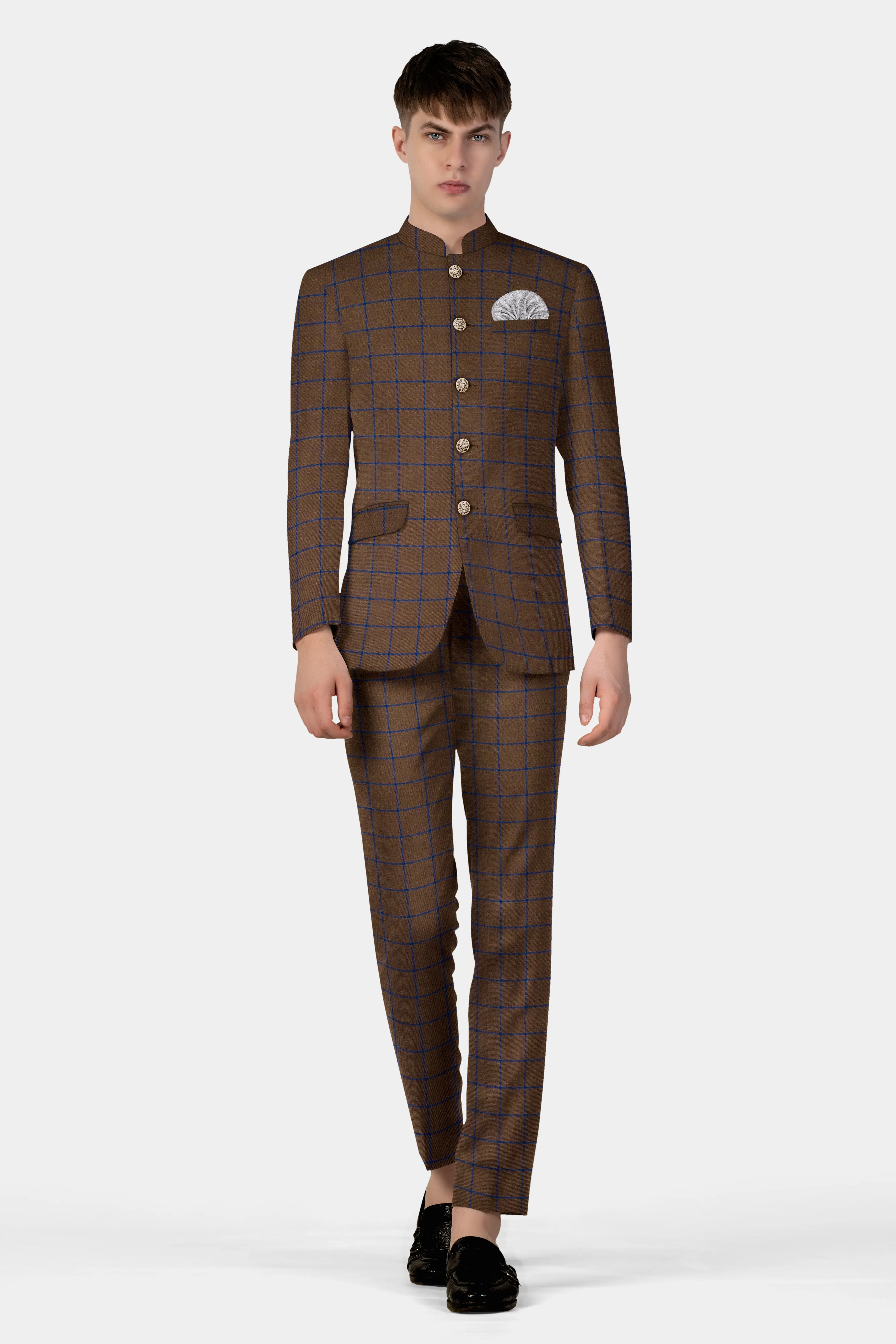 Bistre Brown with Catalina Blue Windowpane Bandhgala Tweed Suit