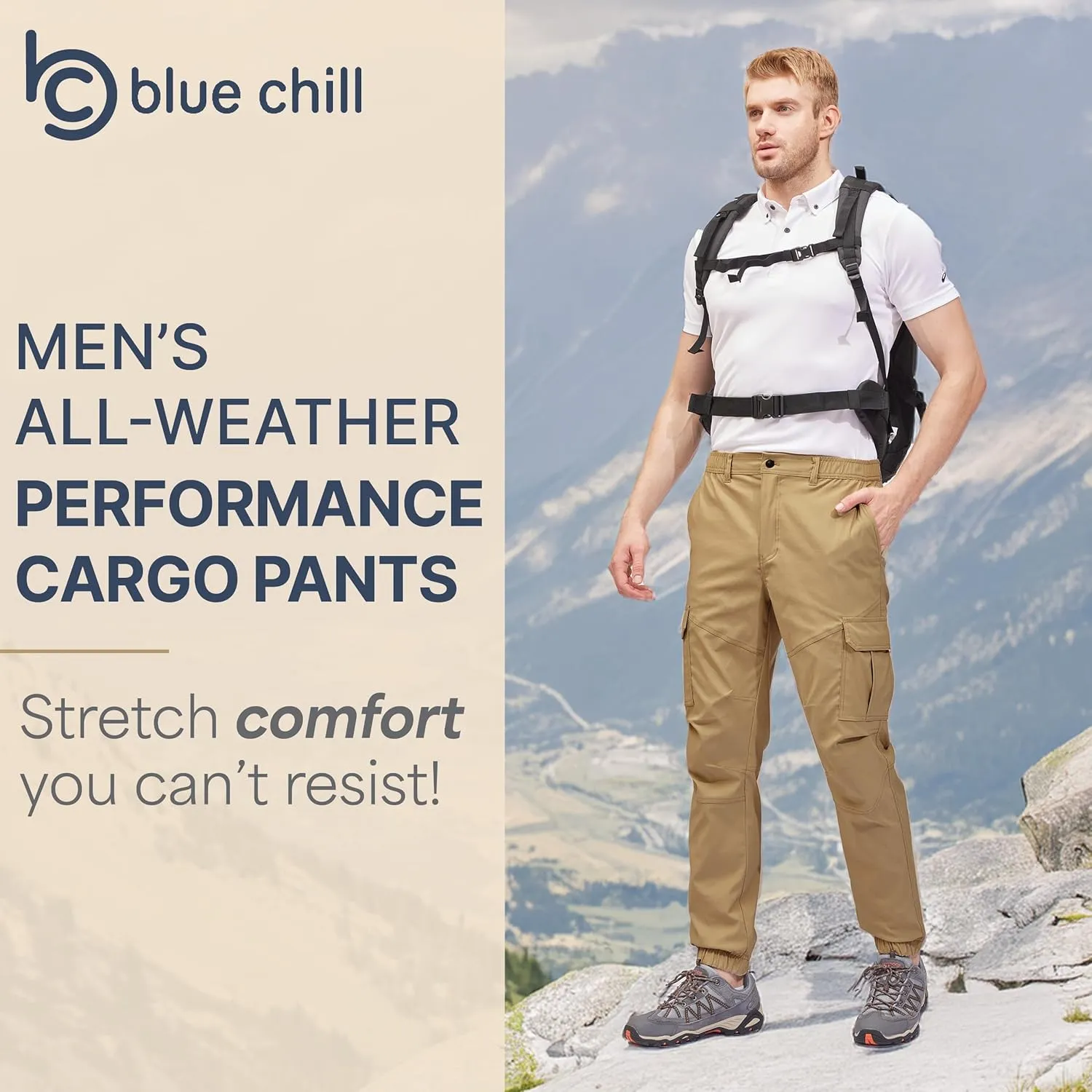 BLUE CHILL Mens Cargo Joggers  Slim Fit, Stretch Comfort, Water-Resistant, 7 Pockets, Lightweight for Hiking & Travel