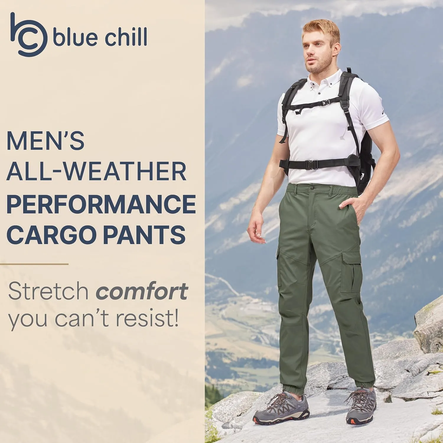 BLUE CHILL Mens Cargo Joggers  Slim Fit, Stretch Comfort, Water-Resistant, 7 Pockets, Lightweight for Hiking & Travel