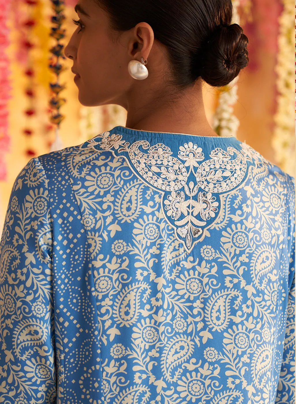 Blue Printed Kurta With Embroidery & Lace