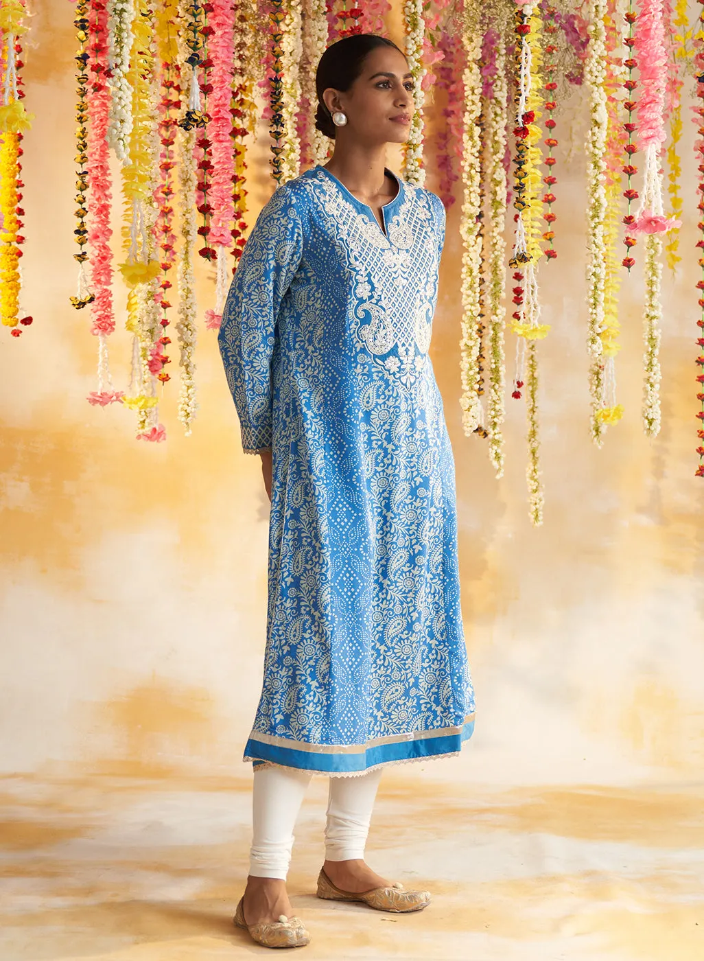 Blue Printed Kurta With Embroidery & Lace