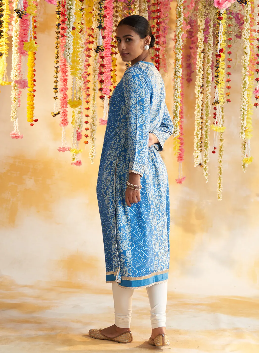 Blue Printed Kurta With Embroidery & Lace