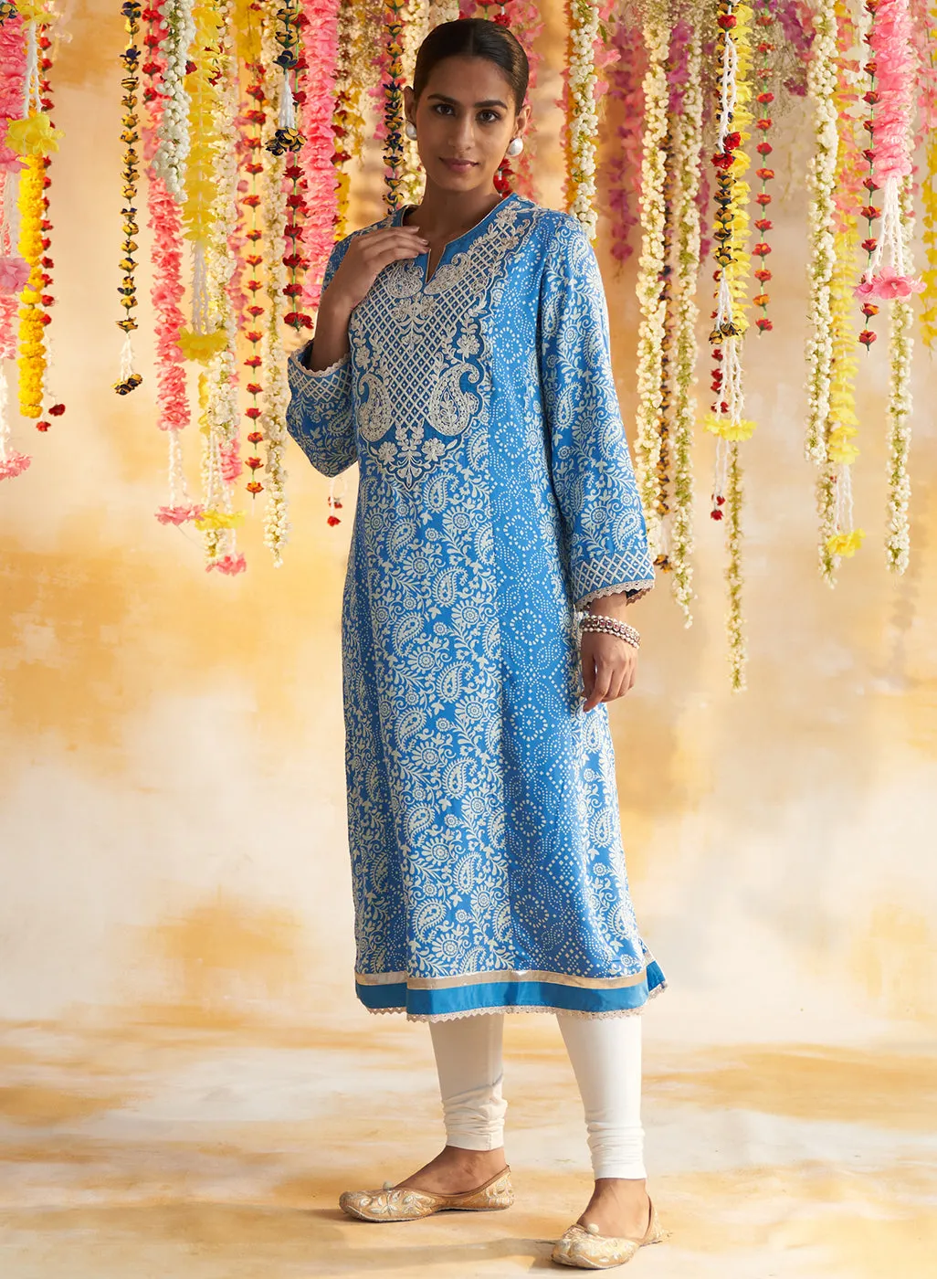 Blue Printed Kurta With Embroidery & Lace