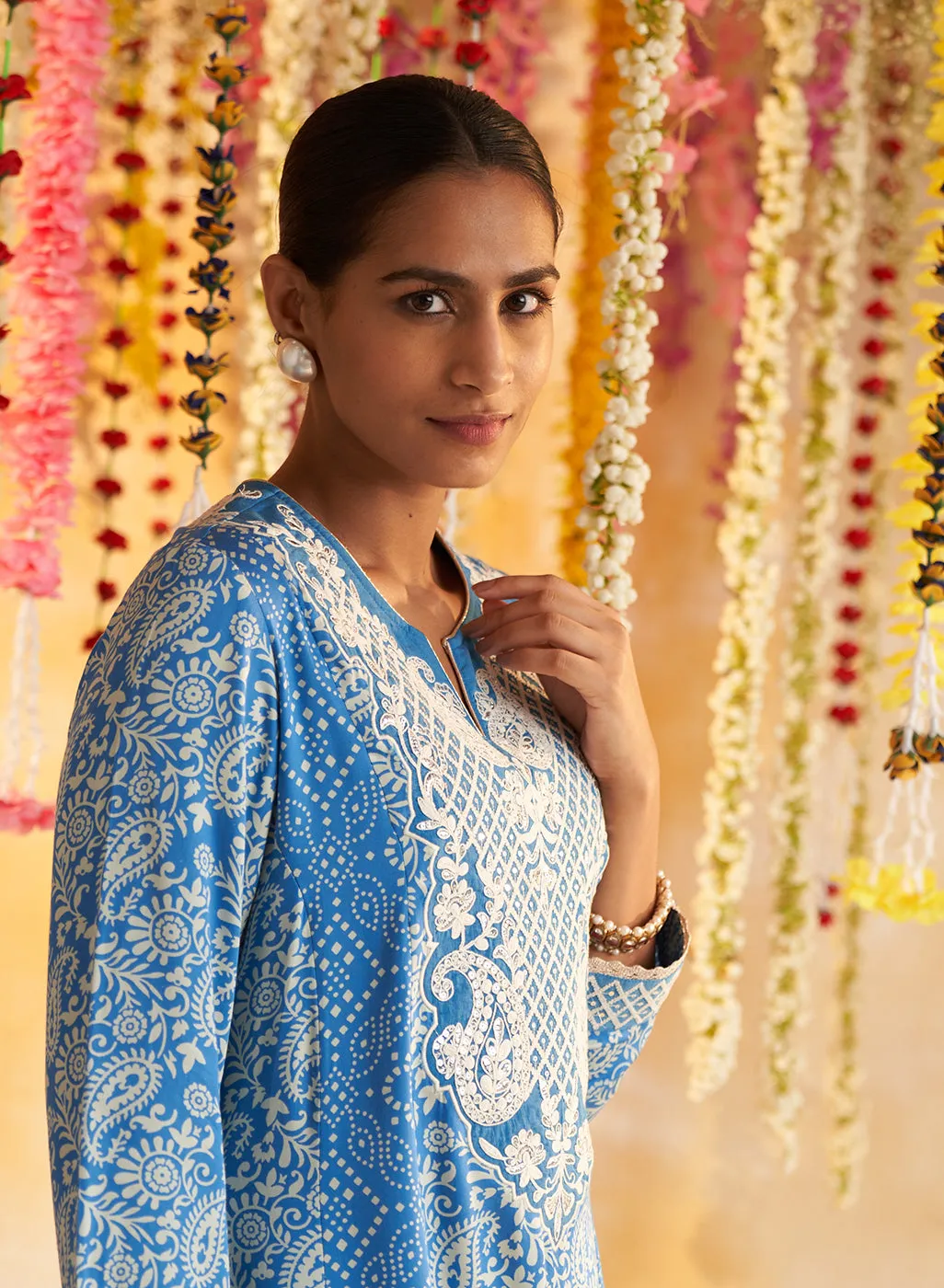 Blue Printed Kurta With Embroidery & Lace