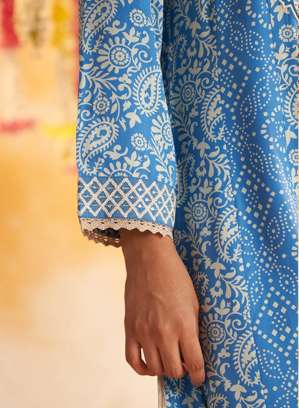Blue Printed Kurta With Embroidery & Lace