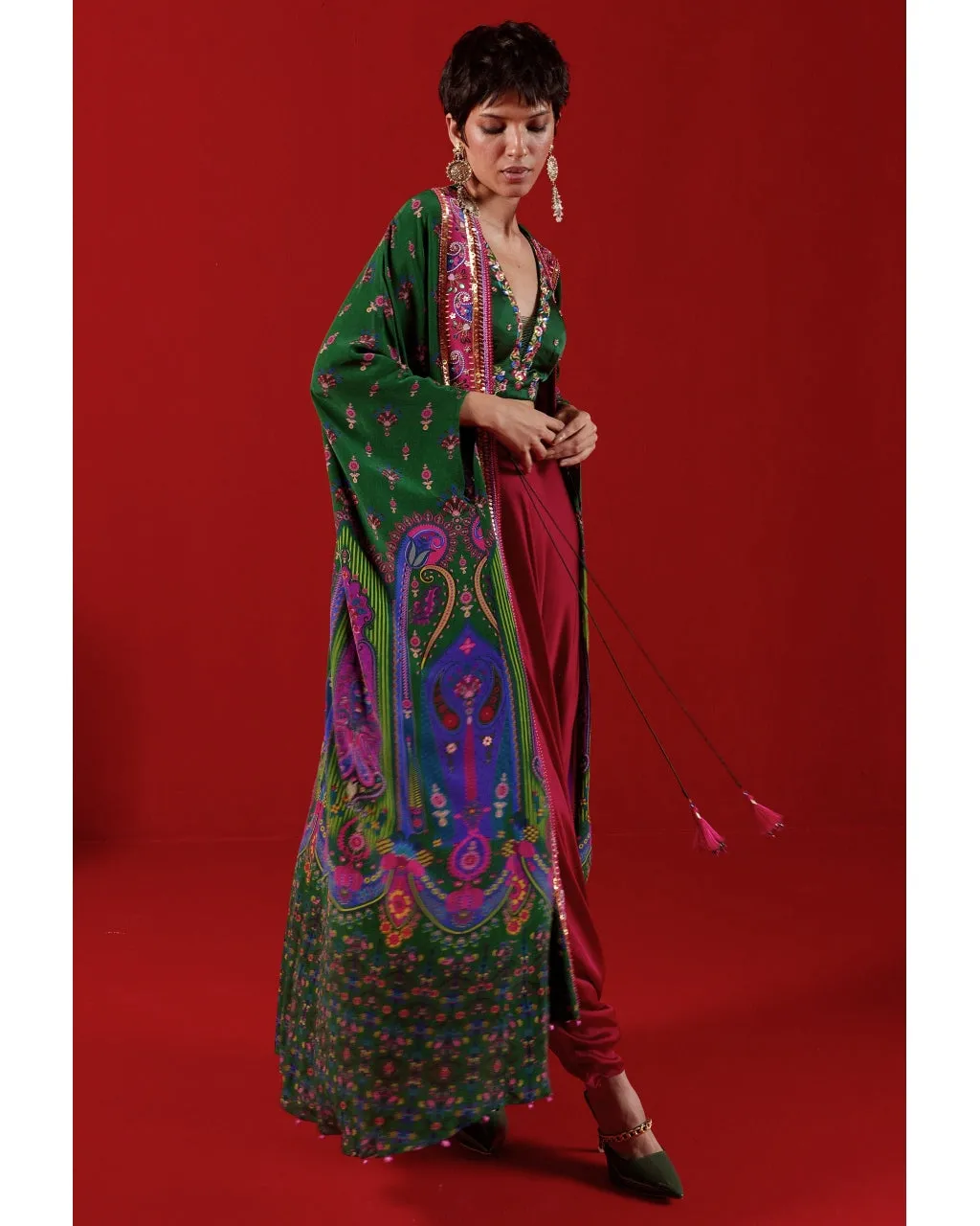 Bottle Green Oversized Embroidered Shrug Set