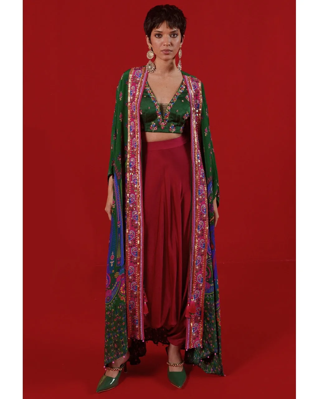 Bottle Green Oversized Embroidered Shrug Set