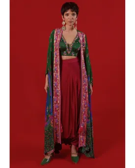 Bottle Green Oversized Embroidered Shrug Set