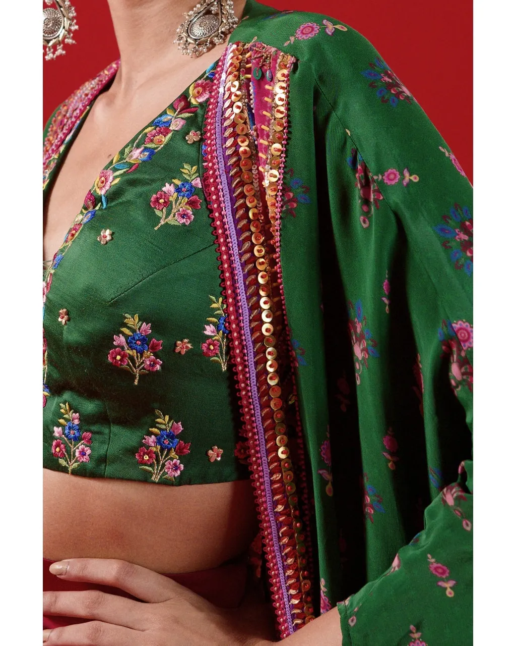 Bottle Green Oversized Embroidered Shrug Set