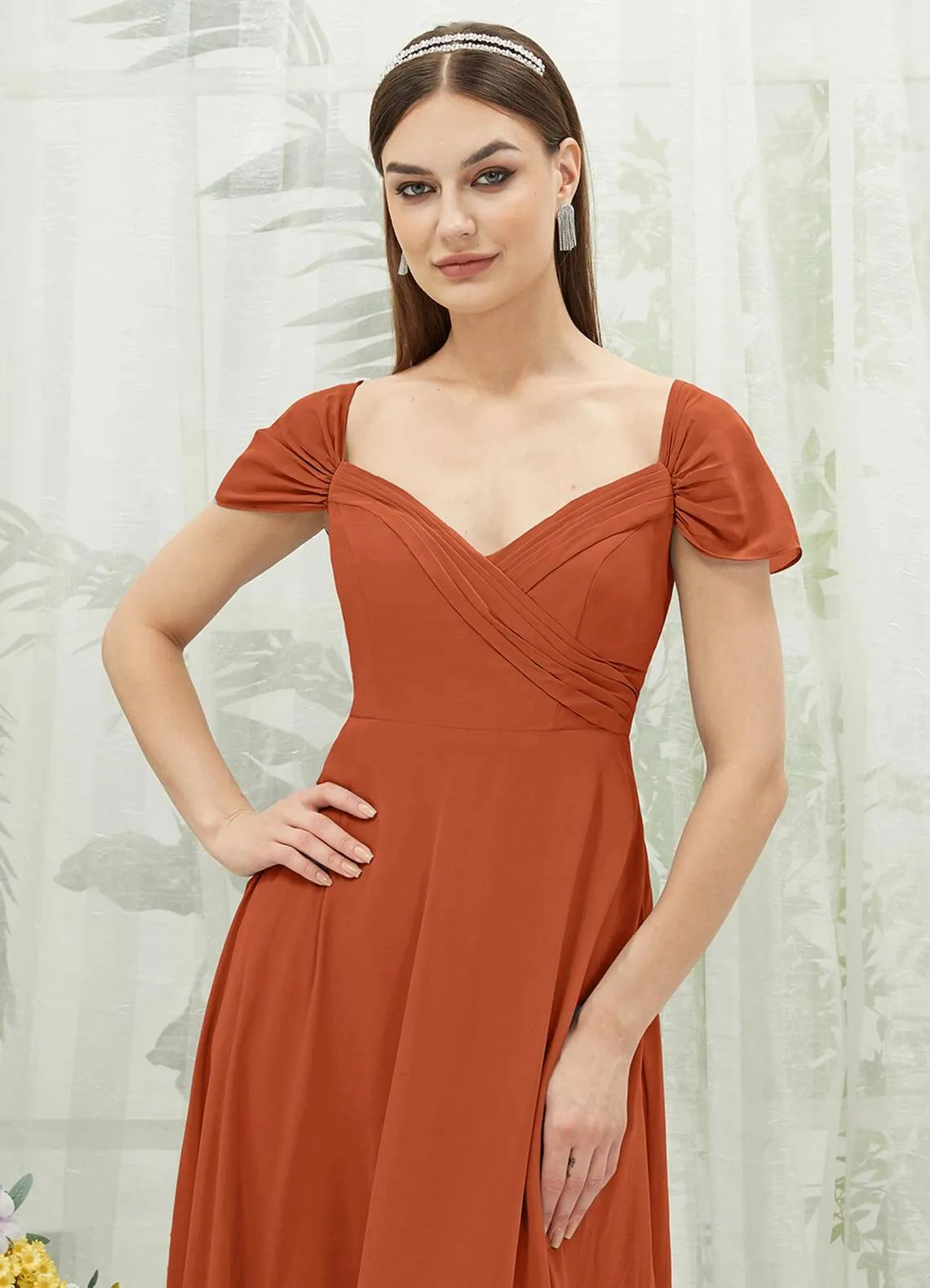 Burnt Orange Chiffon Cold Shoulder Sweetheart Bridesmaid Dress Pocket