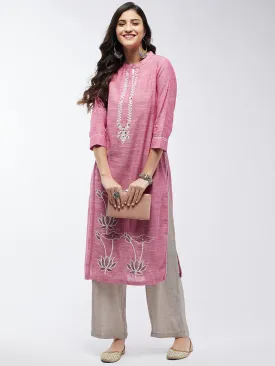 Chambray Floral Embroidered Kurta