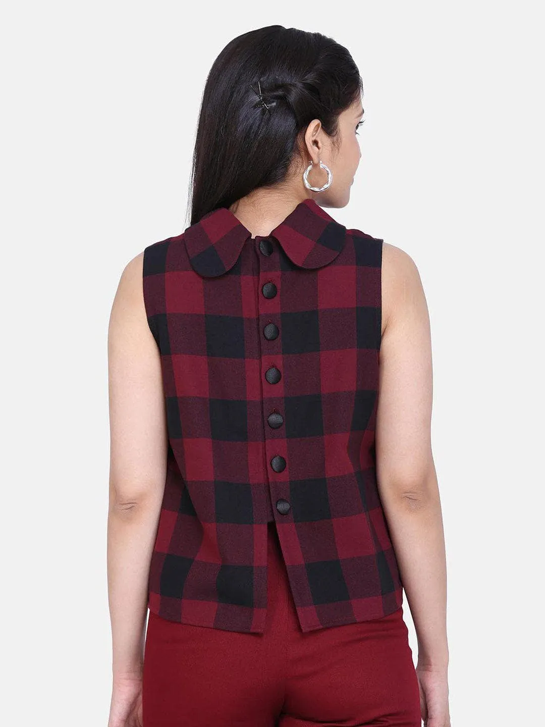 Check Cotton Trapeze Top - Wine Red