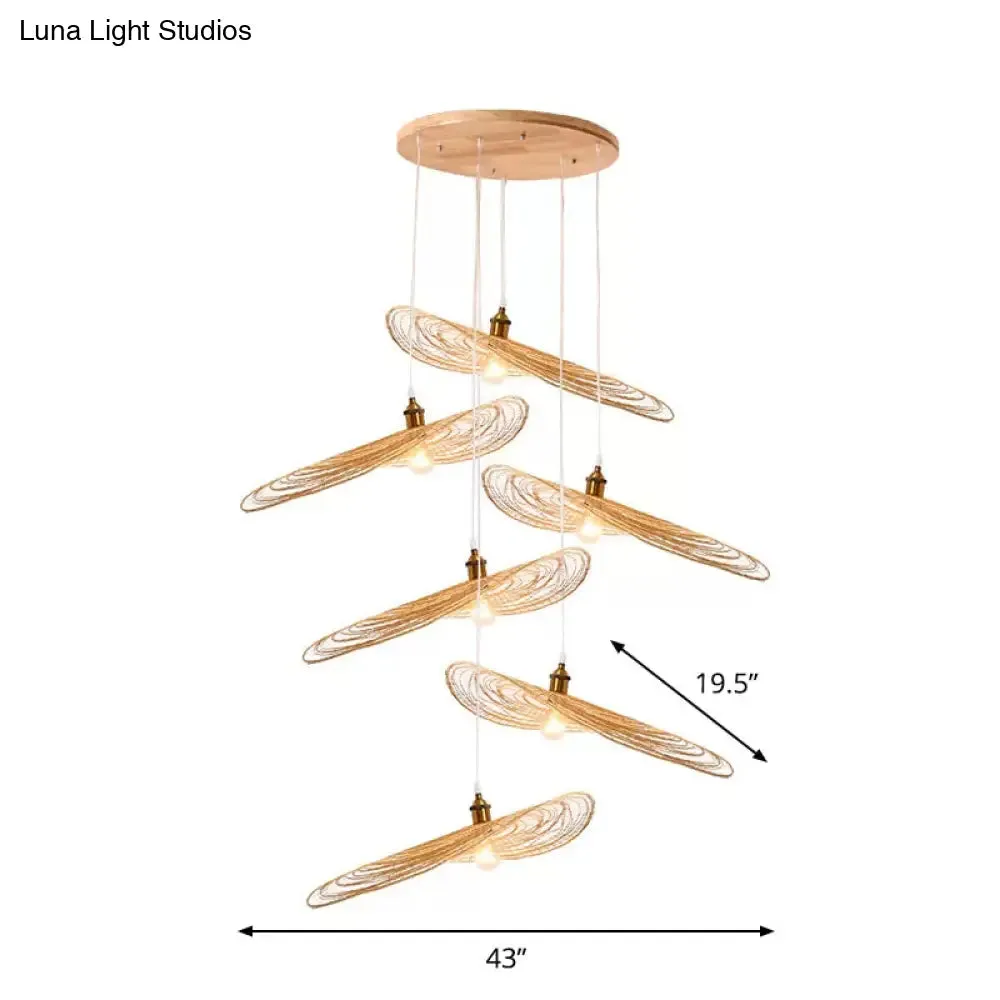 Chinese Style Lotus Leaf Pendant Light with Bamboo Shade - 1/3/6-Light - Beige - 14"/16.5"/19.5" Wide