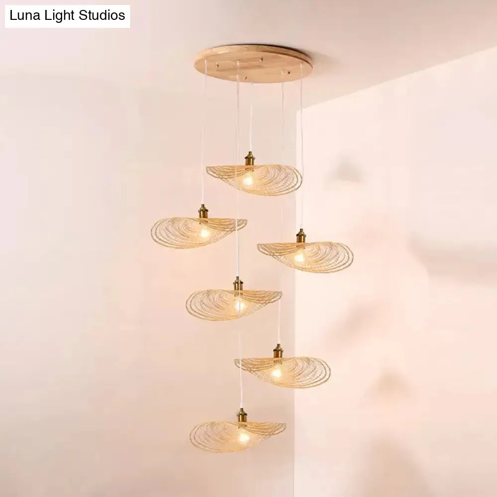 Chinese Style Lotus Leaf Pendant Light with Bamboo Shade - 1/3/6-Light - Beige - 14"/16.5"/19.5" Wide