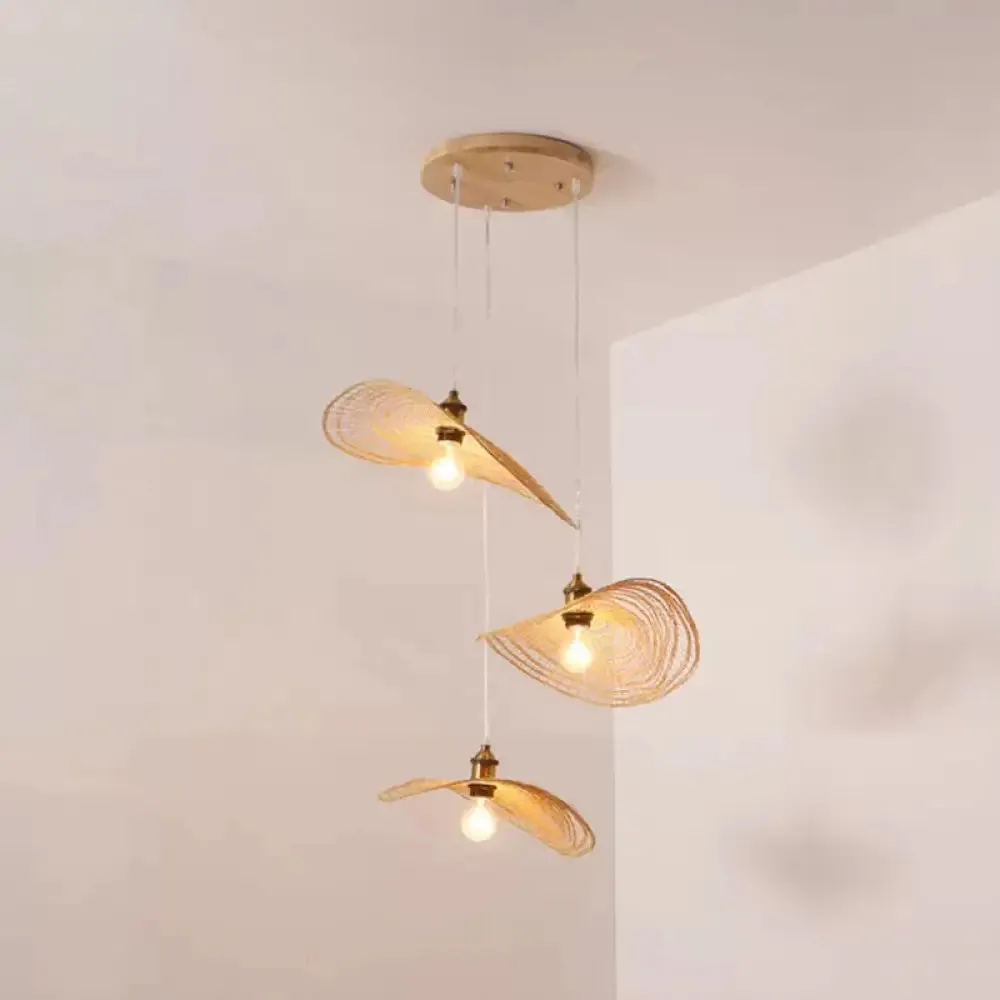 Chinese Style Lotus Leaf Pendant Light with Bamboo Shade - 1/3/6-Light - Beige - 14"/16.5"/19.5" Wide