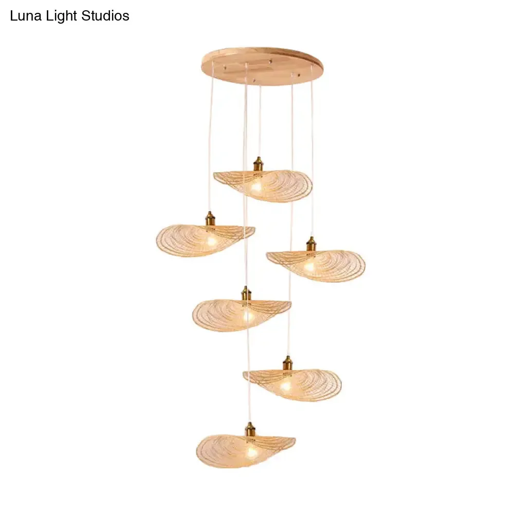 Chinese Style Lotus Leaf Pendant Light with Bamboo Shade - 1/3/6-Light - Beige - 14"/16.5"/19.5" Wide