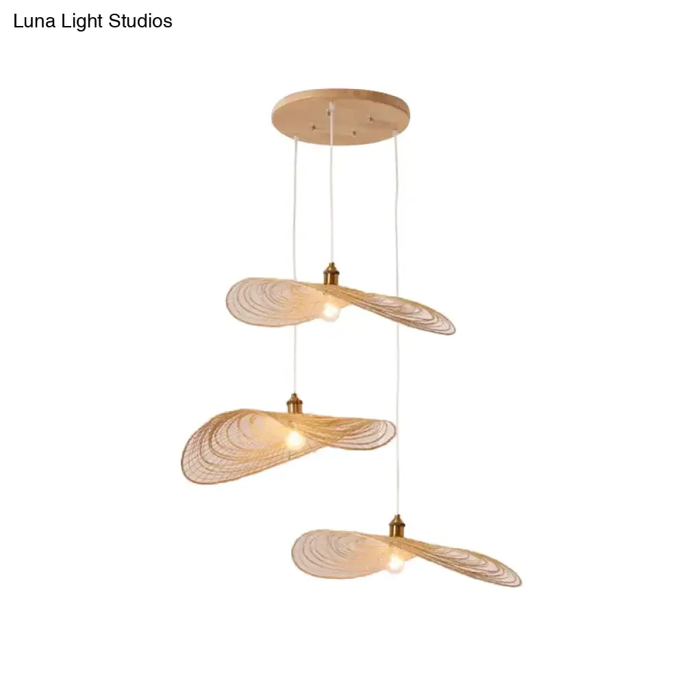 Chinese Style Lotus Leaf Pendant Light with Bamboo Shade - 1/3/6-Light - Beige - 14"/16.5"/19.5" Wide