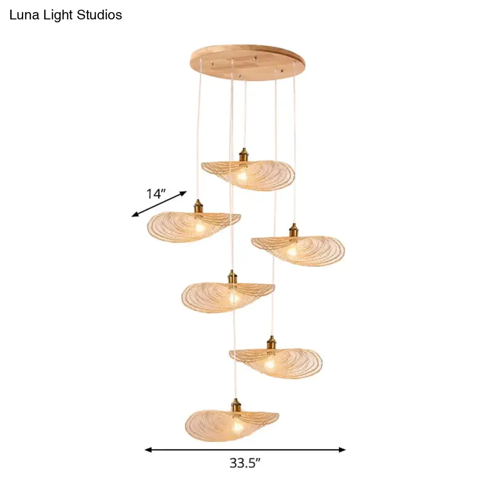 Chinese Style Lotus Leaf Pendant Light with Bamboo Shade - 1/3/6-Light - Beige - 14"/16.5"/19.5" Wide