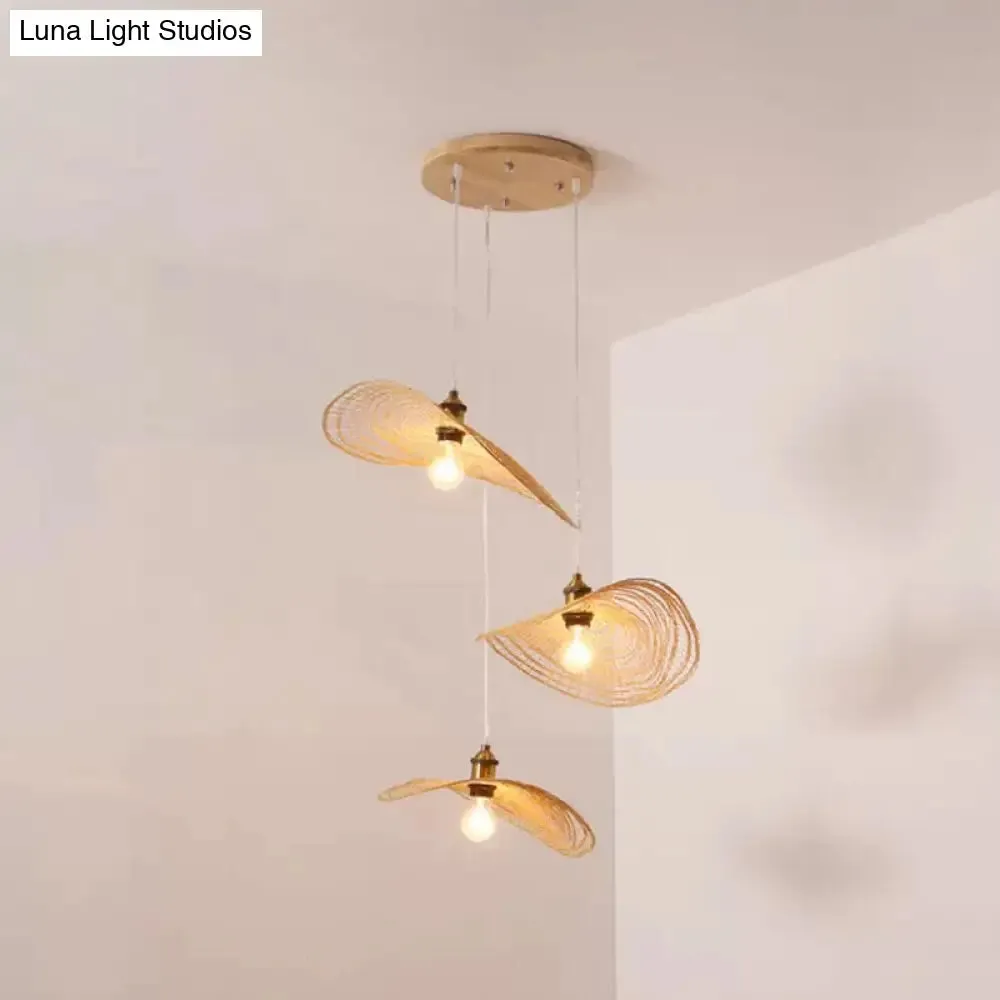 Chinese Style Lotus Leaf Pendant Light with Bamboo Shade - 1/3/6-Light - Beige - 14"/16.5"/19.5" Wide