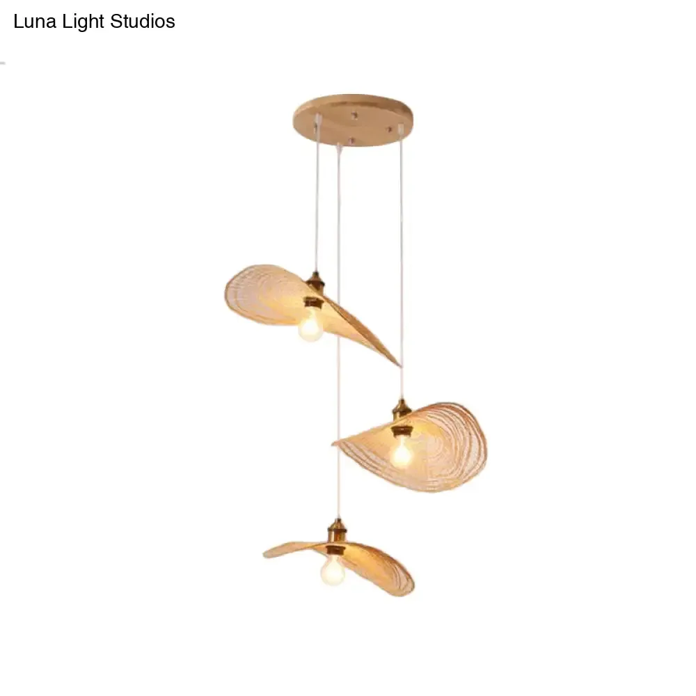 Chinese Style Lotus Leaf Pendant Light with Bamboo Shade - 1/3/6-Light - Beige - 14"/16.5"/19.5" Wide