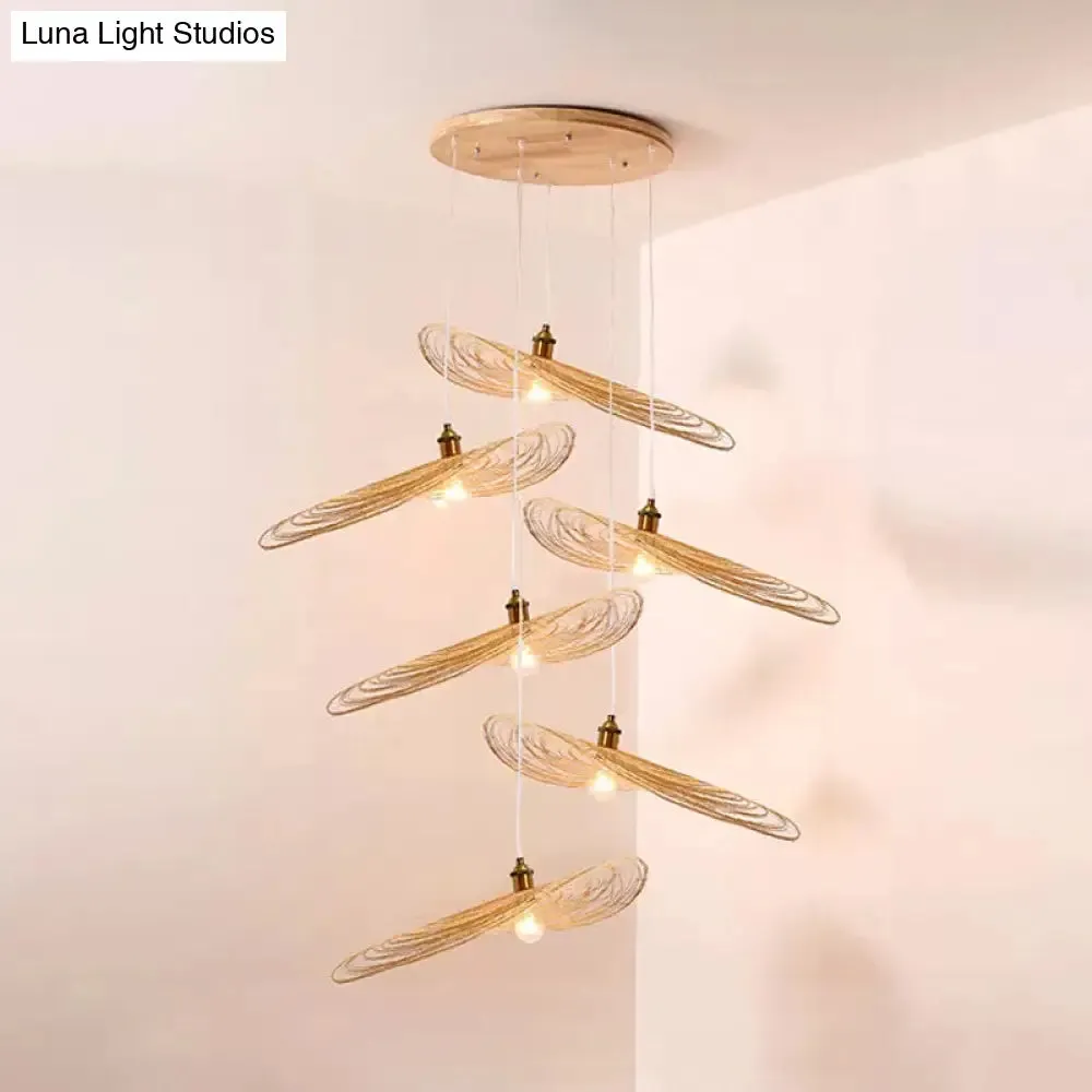 Chinese Style Lotus Leaf Pendant Light with Bamboo Shade - 1/3/6-Light - Beige - 14"/16.5"/19.5" Wide