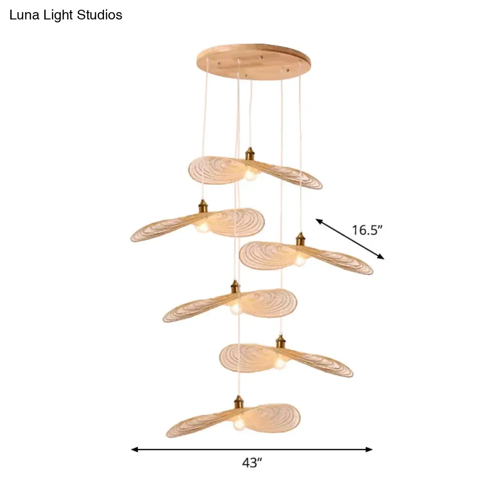 Chinese Style Lotus Leaf Pendant Light with Bamboo Shade - 1/3/6-Light - Beige - 14"/16.5"/19.5" Wide